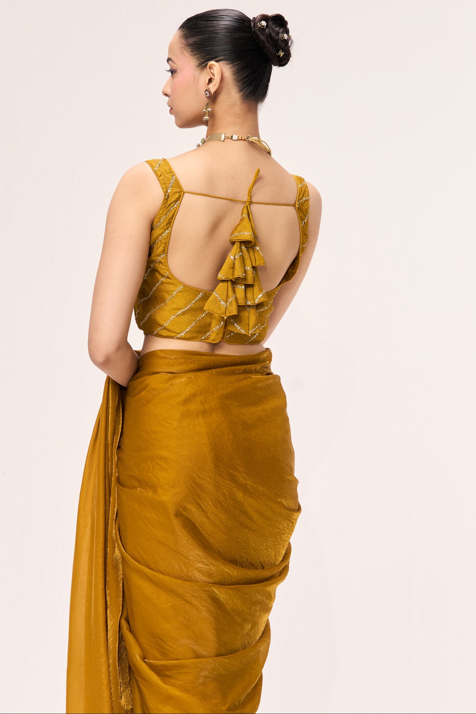 Yellow Metallic Satin Saree with Yellow Sequin Readymade Blouse