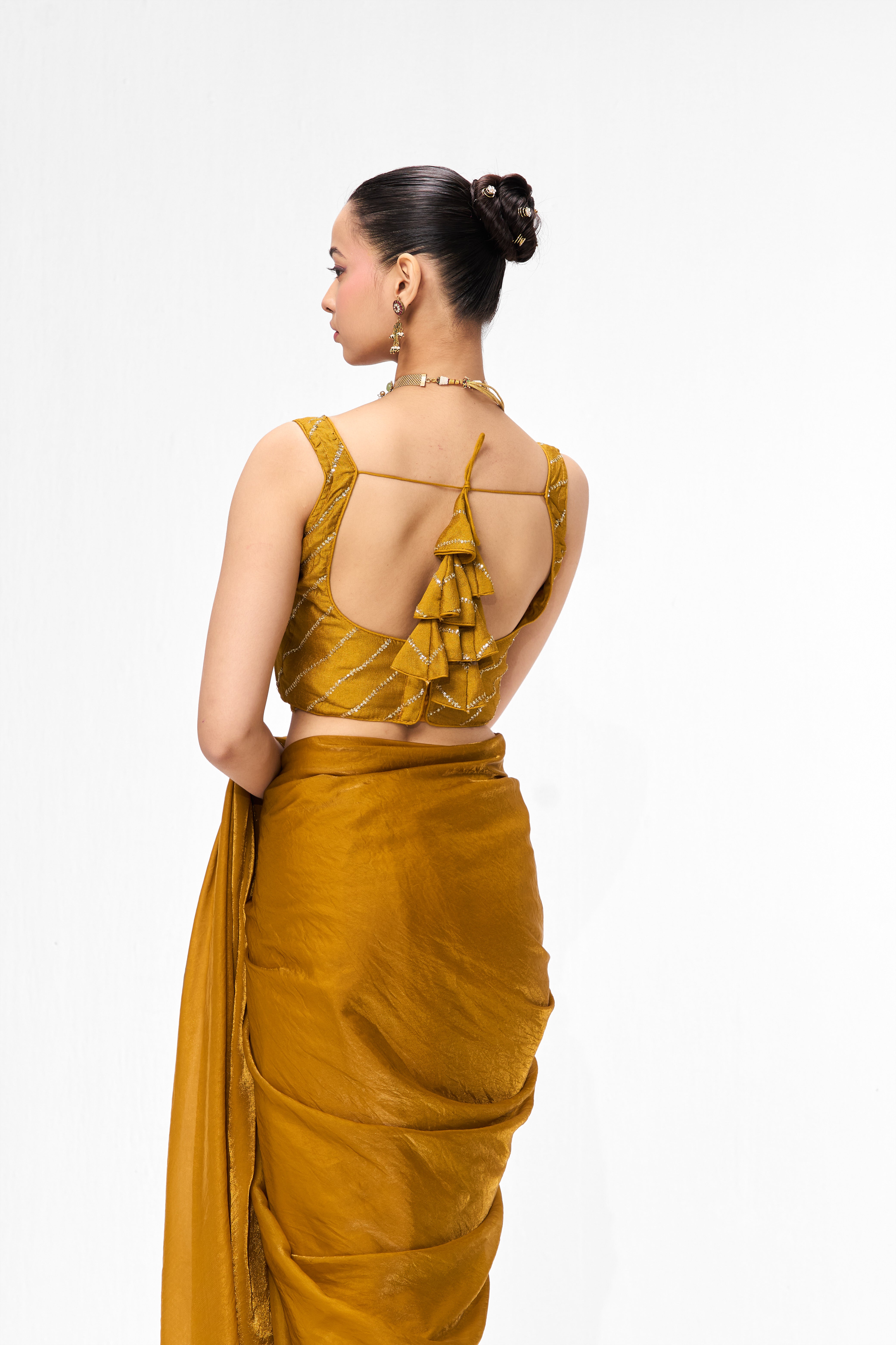 With Readymade Blouse - Yellow Metallic Satin Saree with Yellow Sequin Readymade Blouse