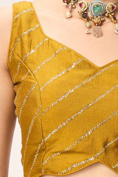 Yellow Metallic Satin Saree with Yellow Sequin Readymade Blouse