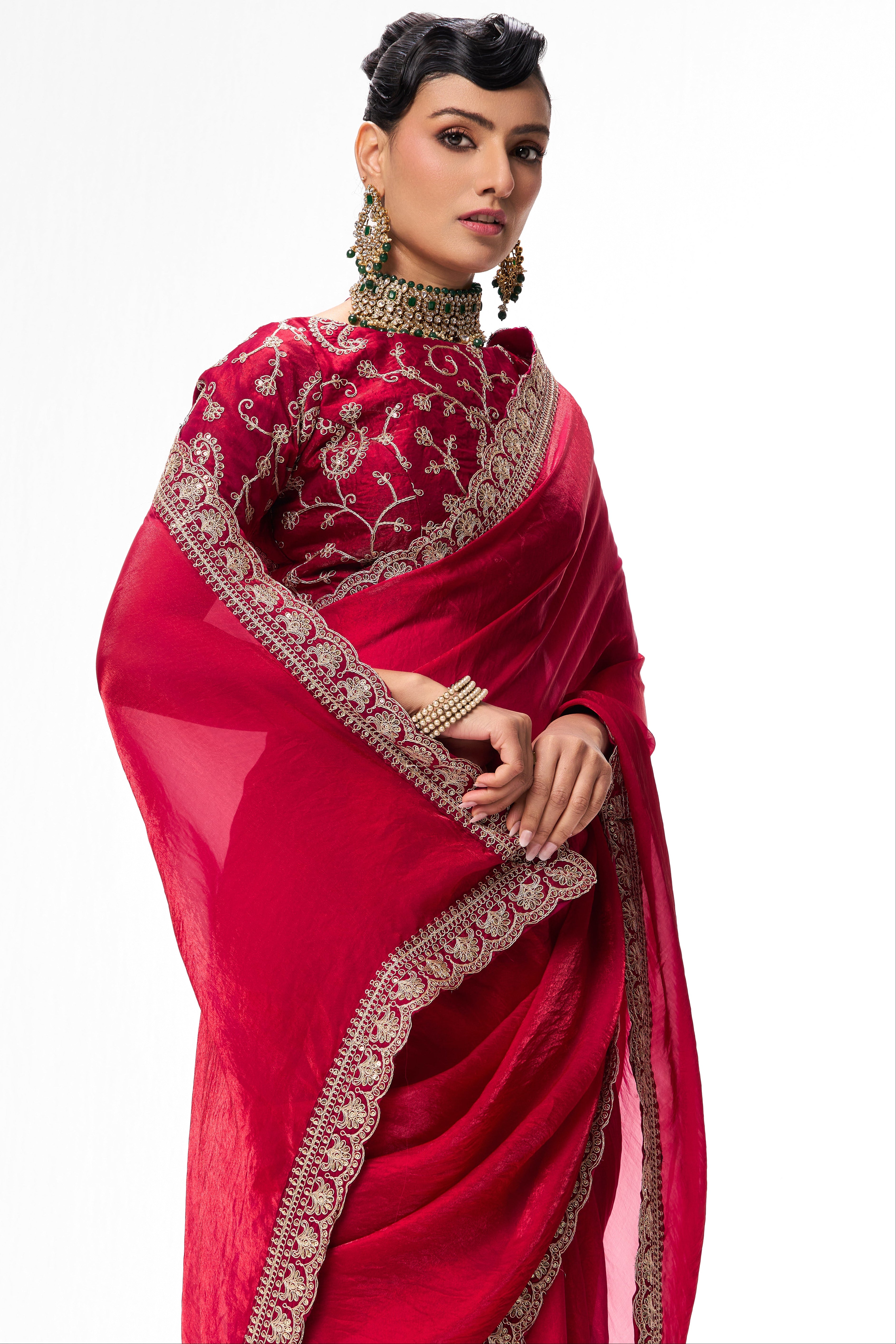 Red Pink Embroidered Metallic Satin Saree with Blouse Fabric