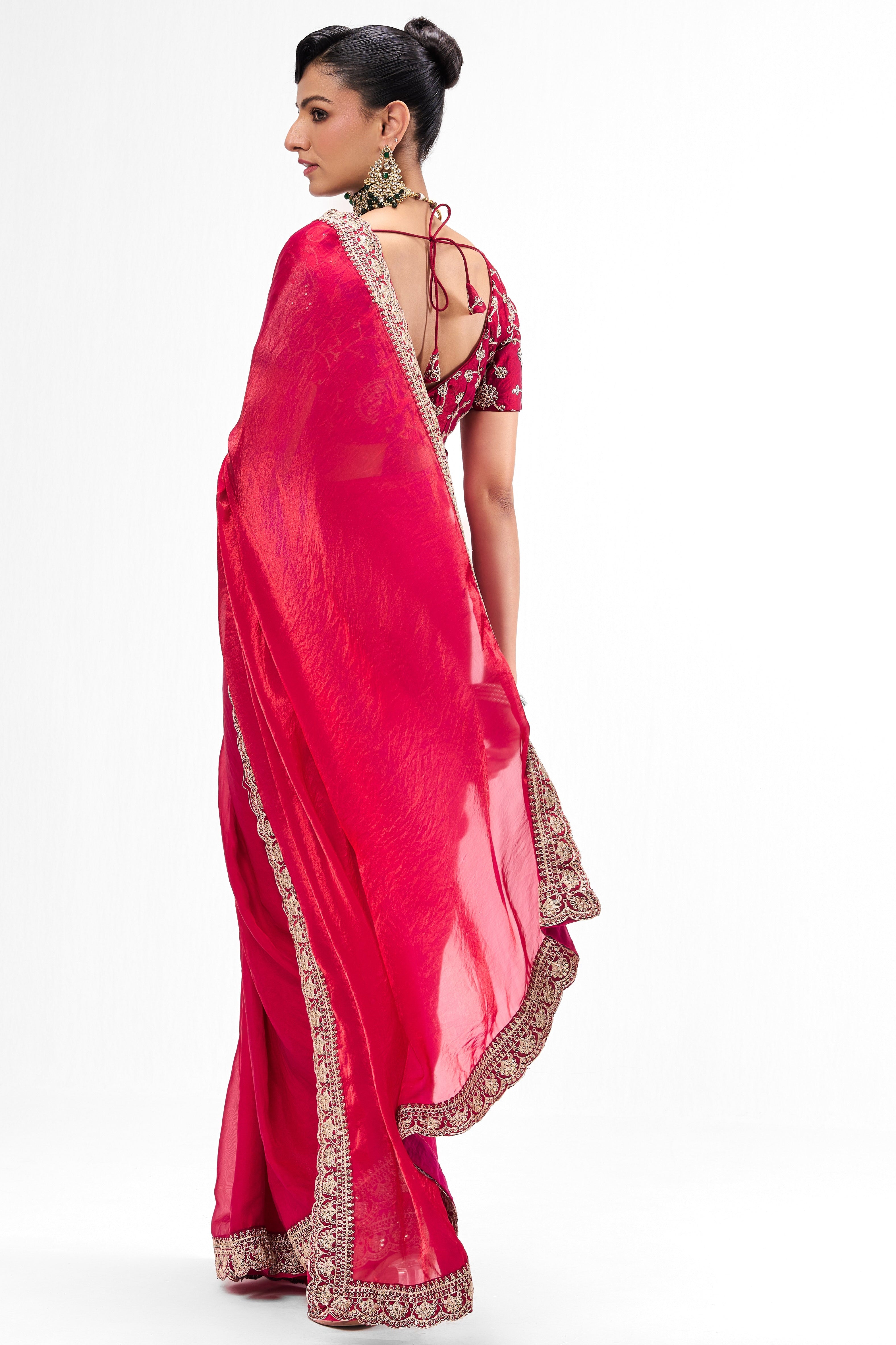 Red Pink Embroidered Metallic Satin Saree with Blouse Fabric