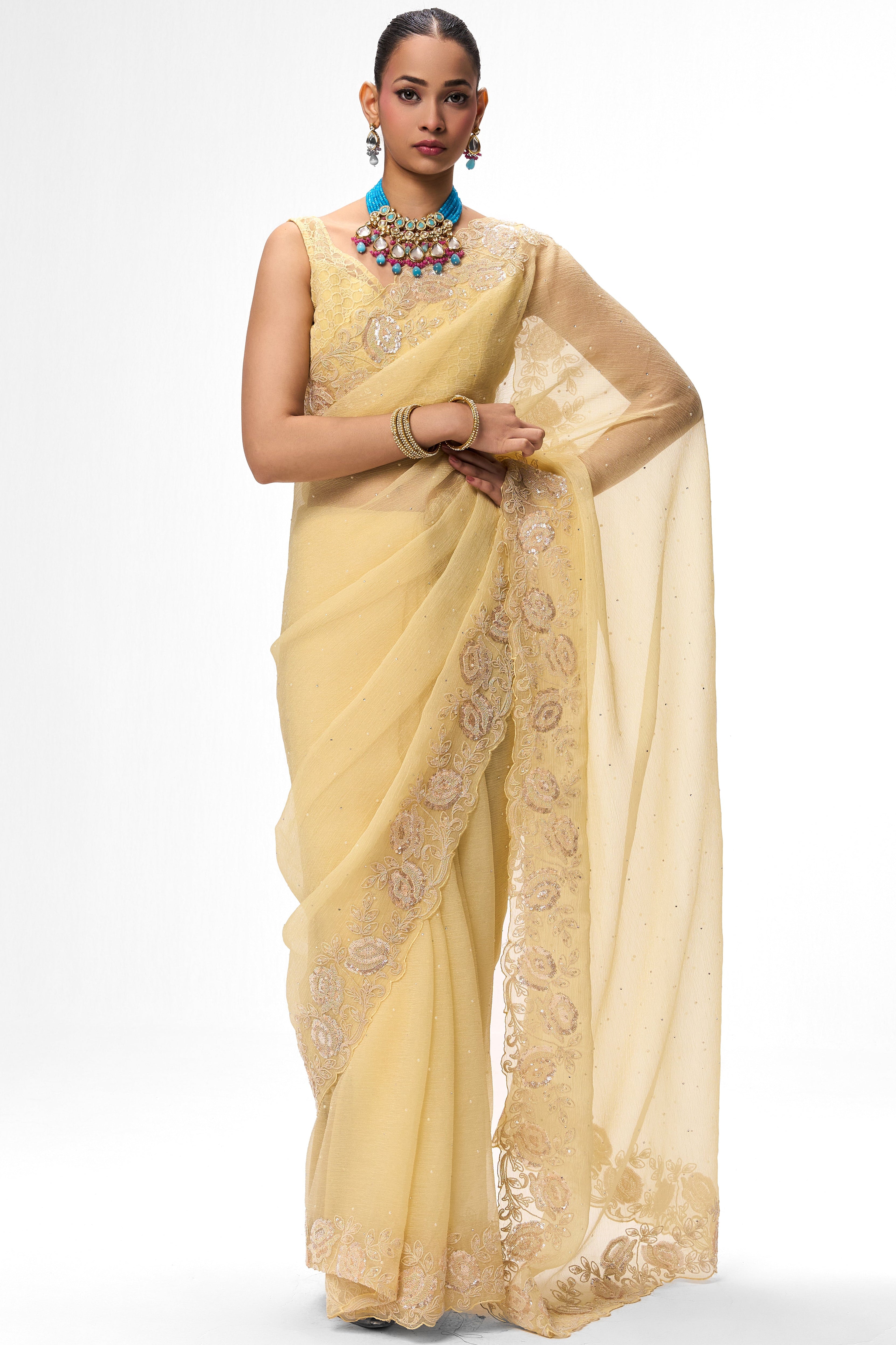 Butter Yellow Embroidered and Beaded Organza Saree with Blouse Fabric