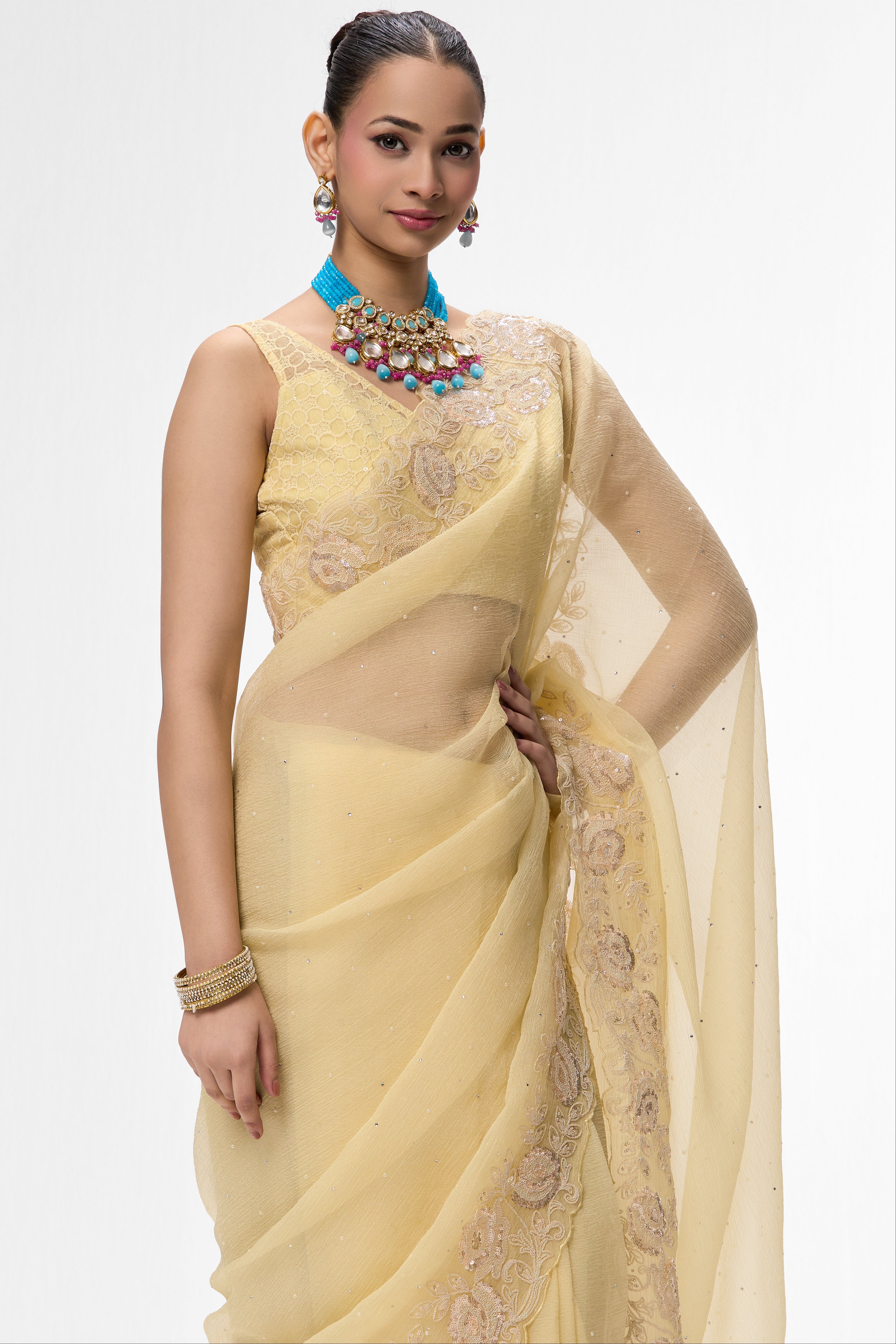 Butter Yellow Embroidered and Beaded Organza Saree with Blouse Fabric