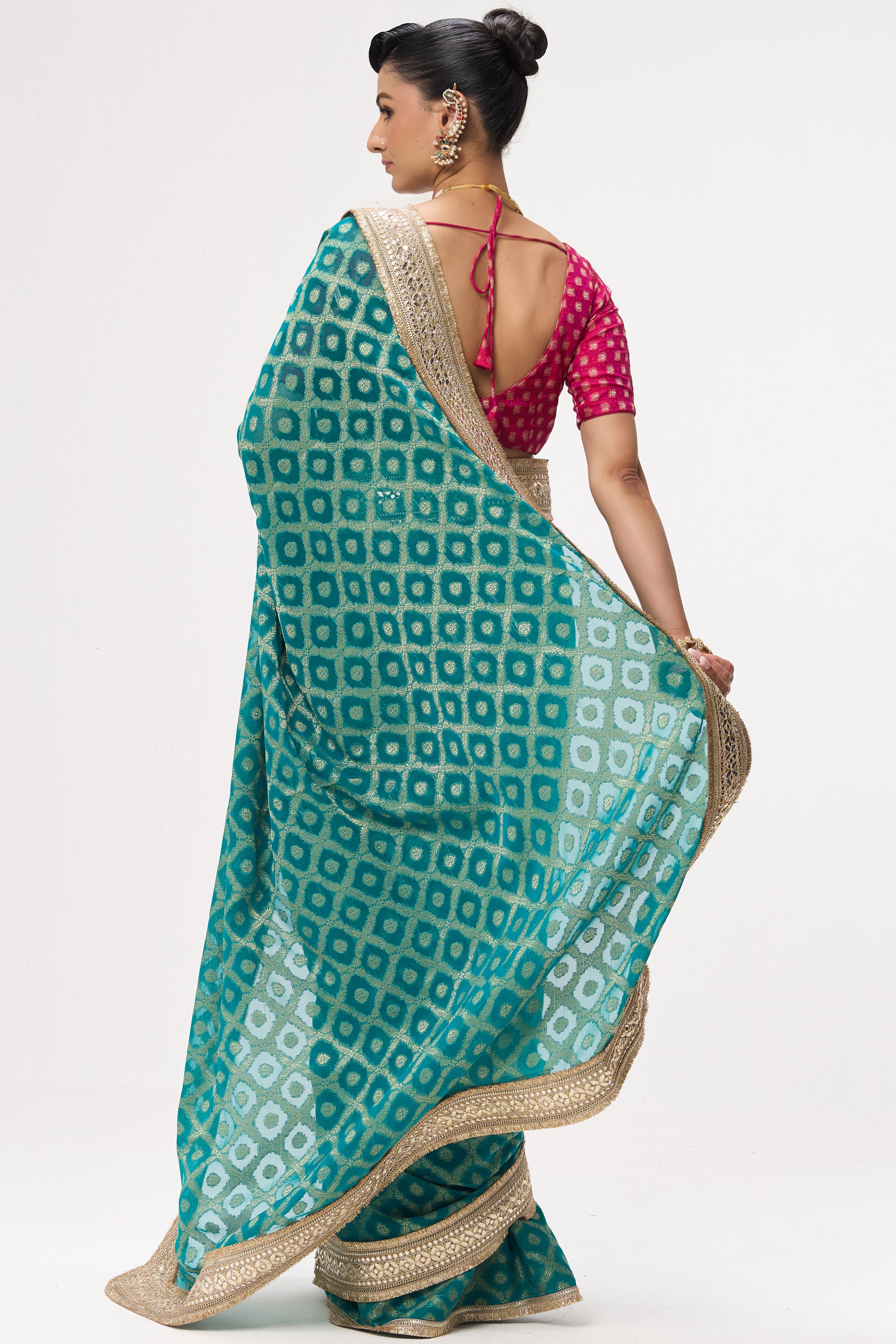 Green Woven Georgette all over lace saree with Blouse Fabric