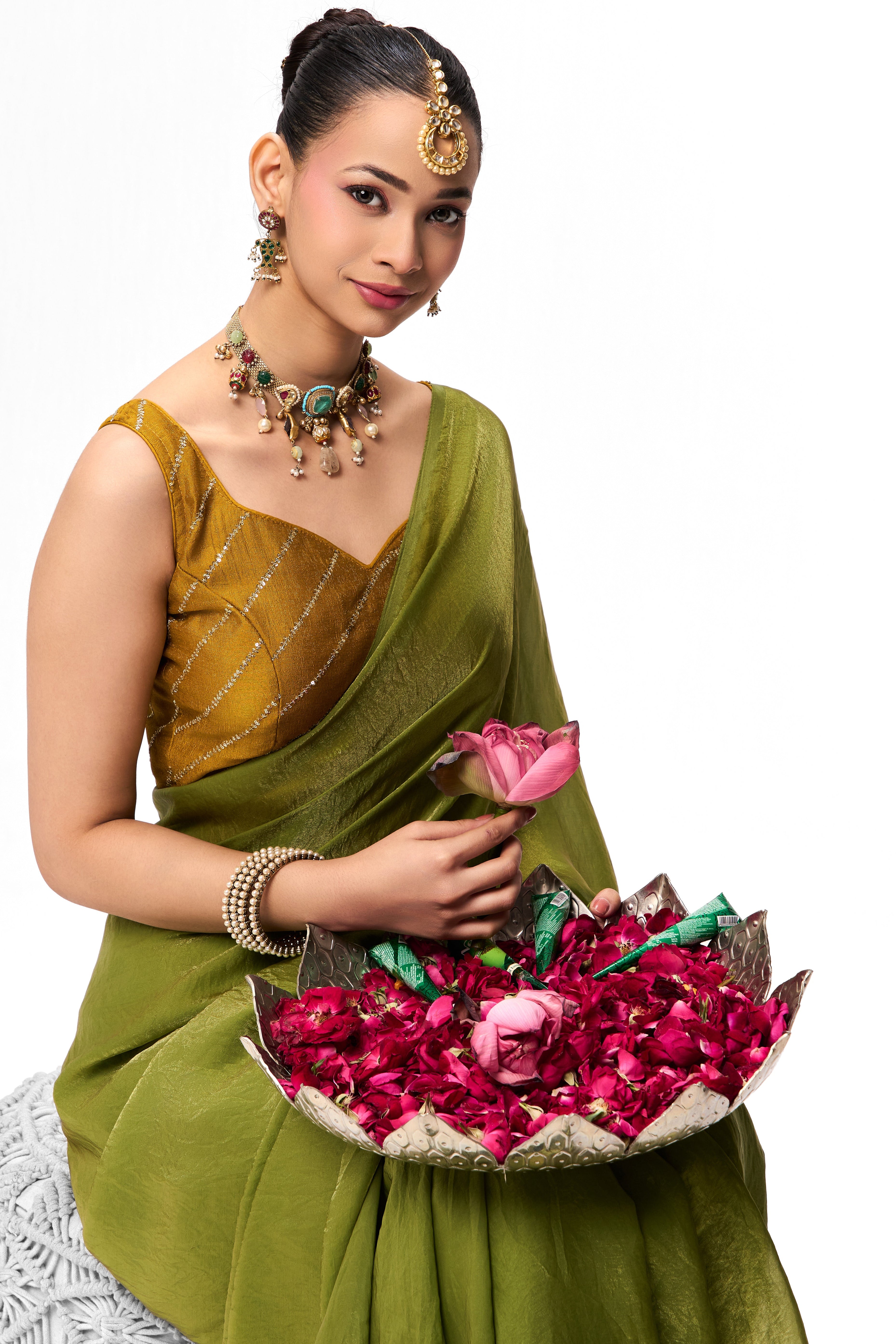 High on Henna Metallic Satin Saree with Yellow Sequin Readymade Blouse