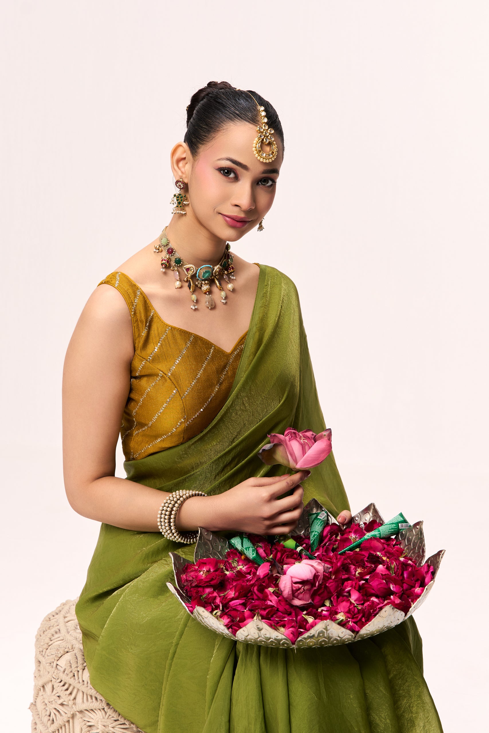 High on Henna Metallic Satin Saree with Yellow Sequin Readymade Blouse