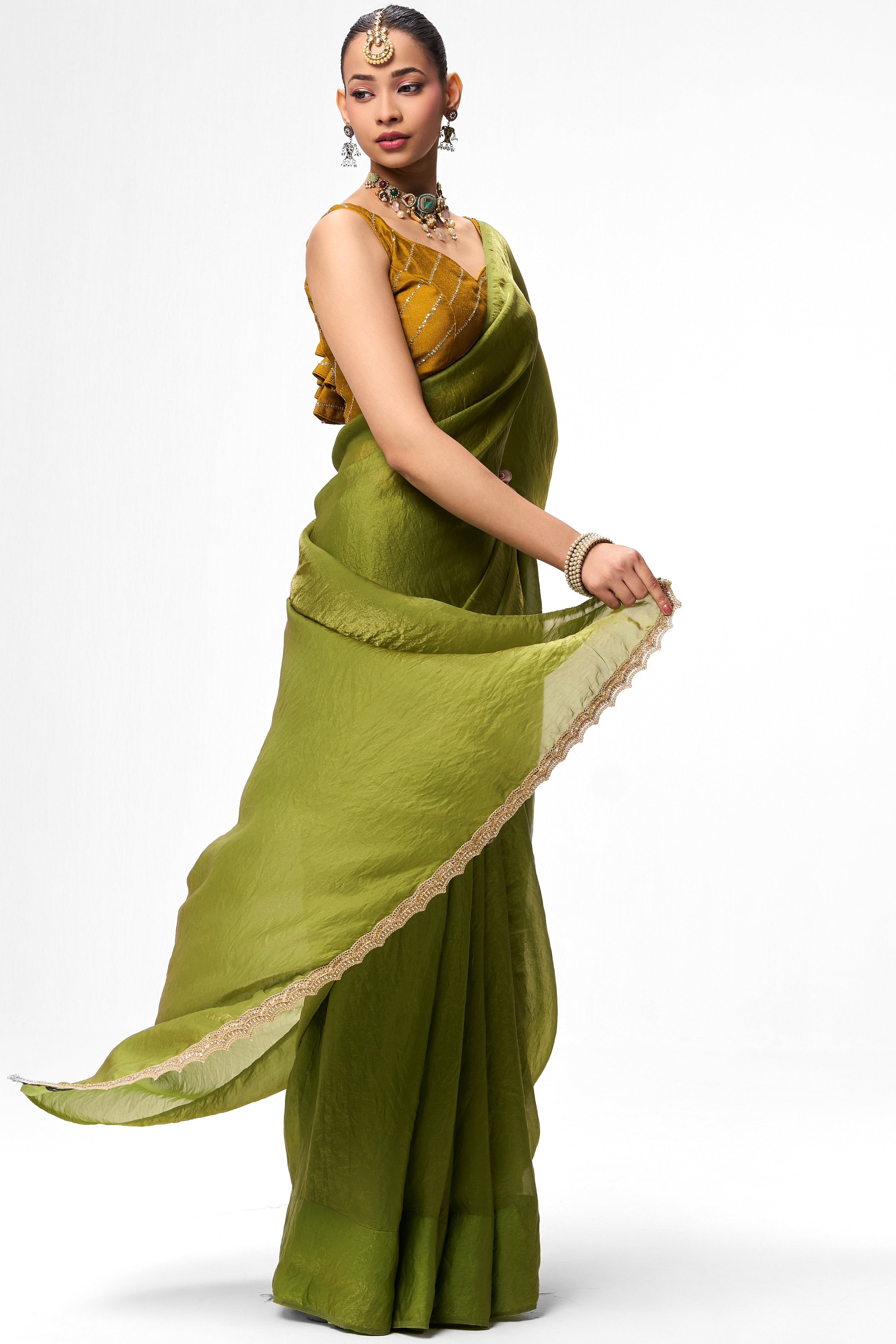 High on Henna Metallic Satin Saree with Yellow Sequin Readymade Blouse