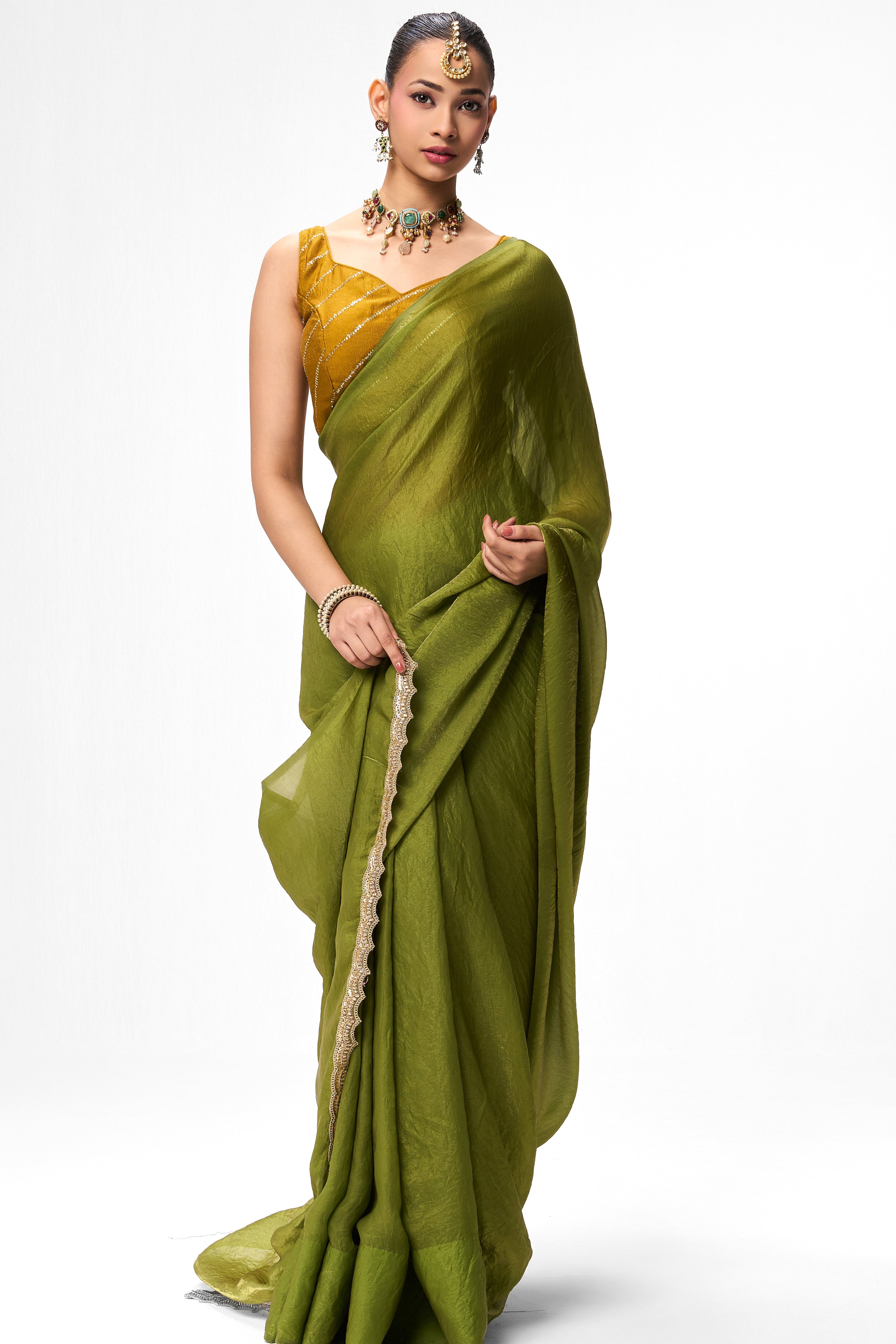 High on Henna Metallic Satin Saree with Yellow Sequin Readymade Blouse