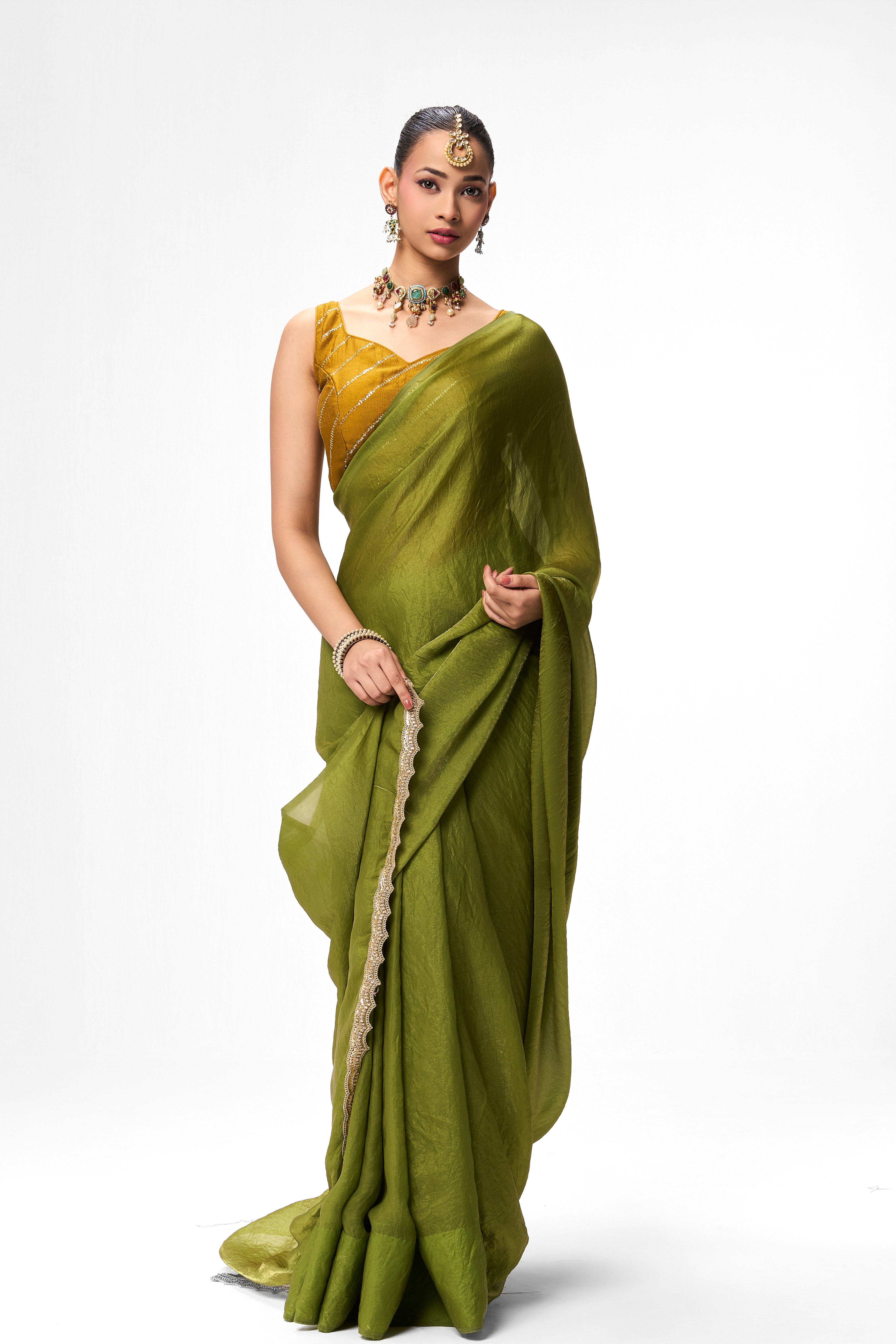 Yellow Sequin Stripes Blouse – Free-Size Adjustable 32–40 inches | Ready-to-Wear Party Blouse