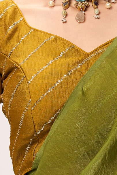 High on Henna Metallic Satin Saree with Yellow Sequin Readymade Blouse