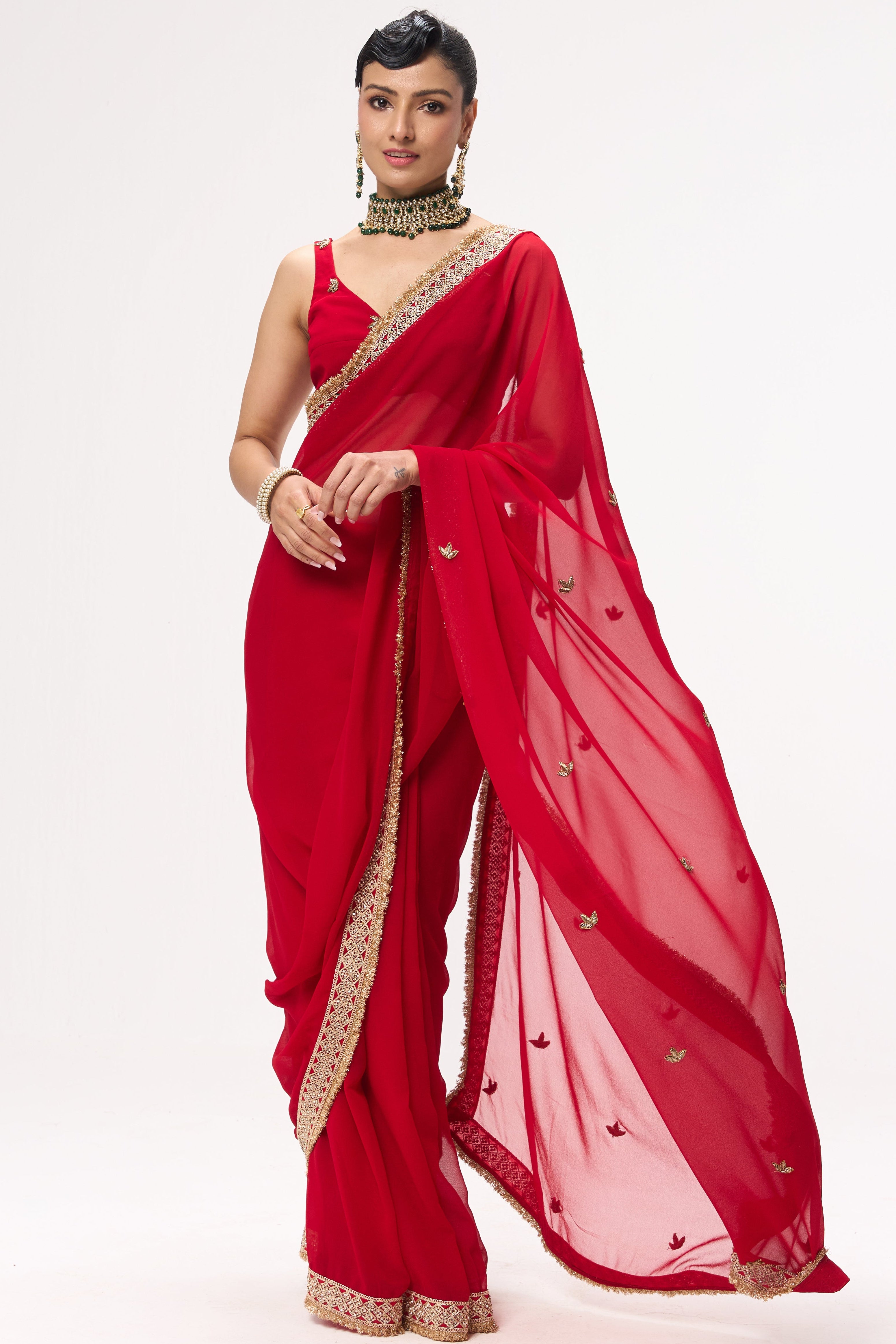 Pari Red Drapy Georgette with Border and Zardozi Saree with Blouse Fabric