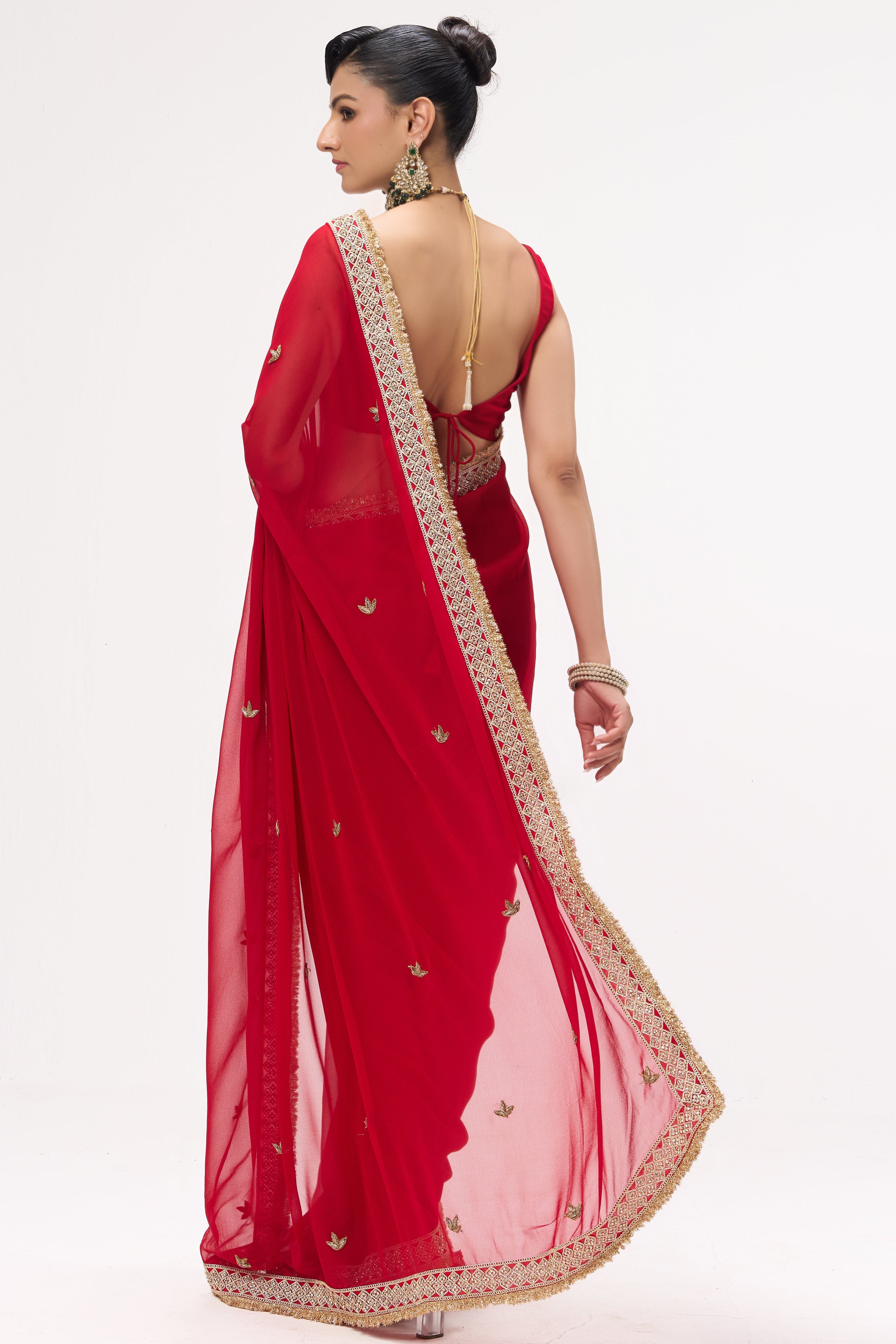 Pari Red Drapy Georgette with Border and Zardozi Saree with Blouse Fabric