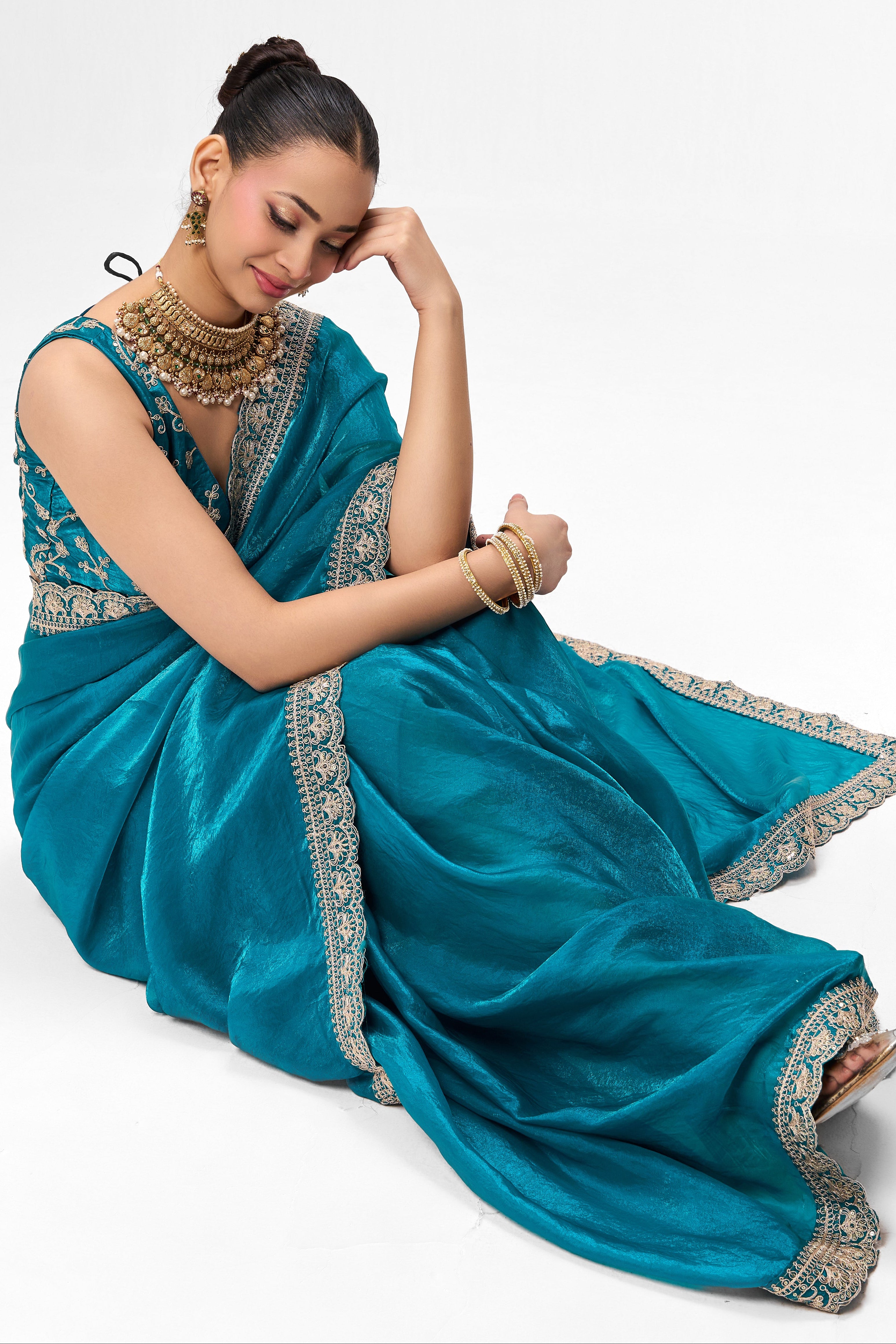 Deep Blue Embroidered Metallic Satin Saree with Blouse Fabric