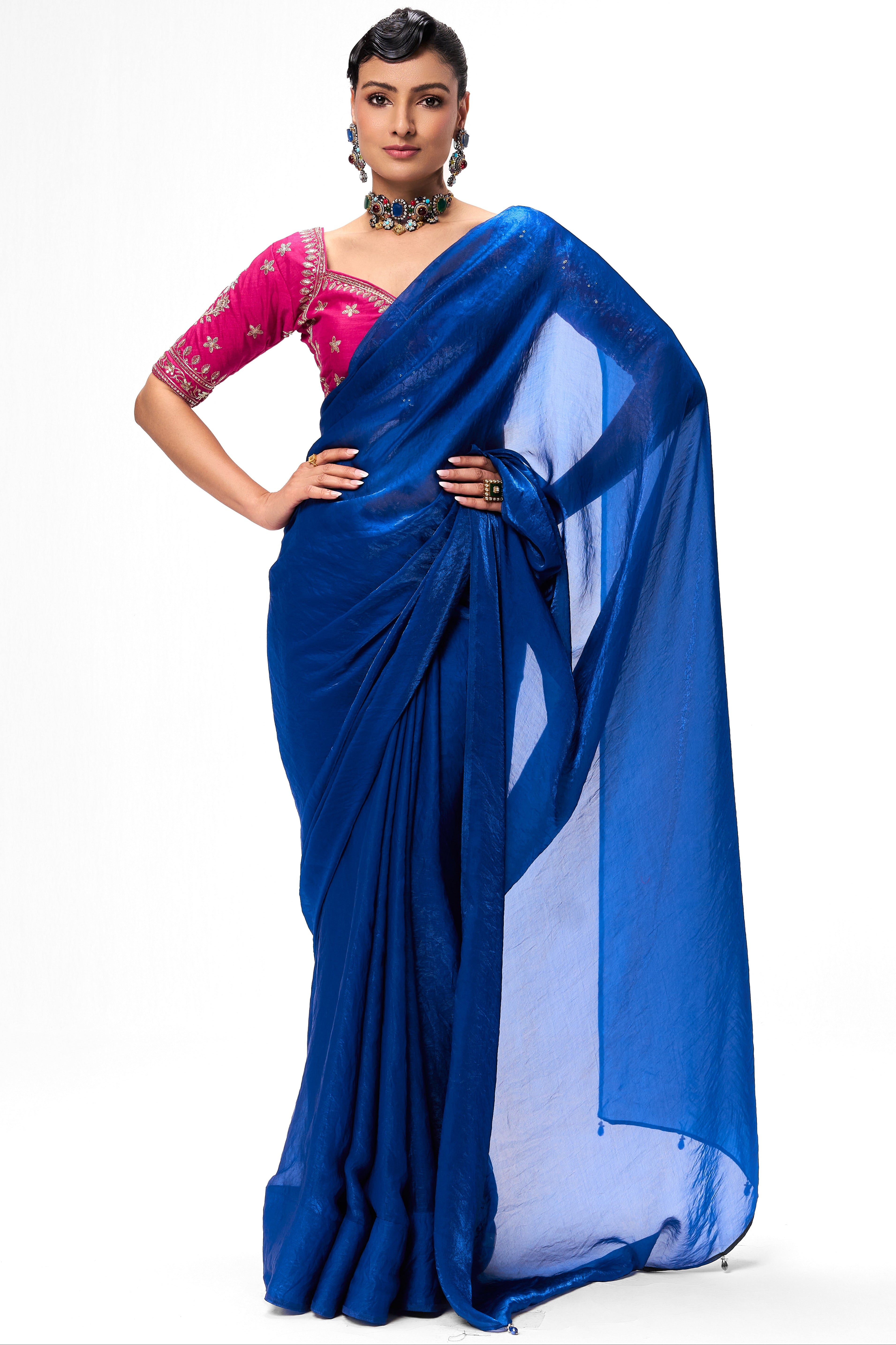 Blue Metallic Satin Saree with Sabya Embroidered Pink Readymade Blouse