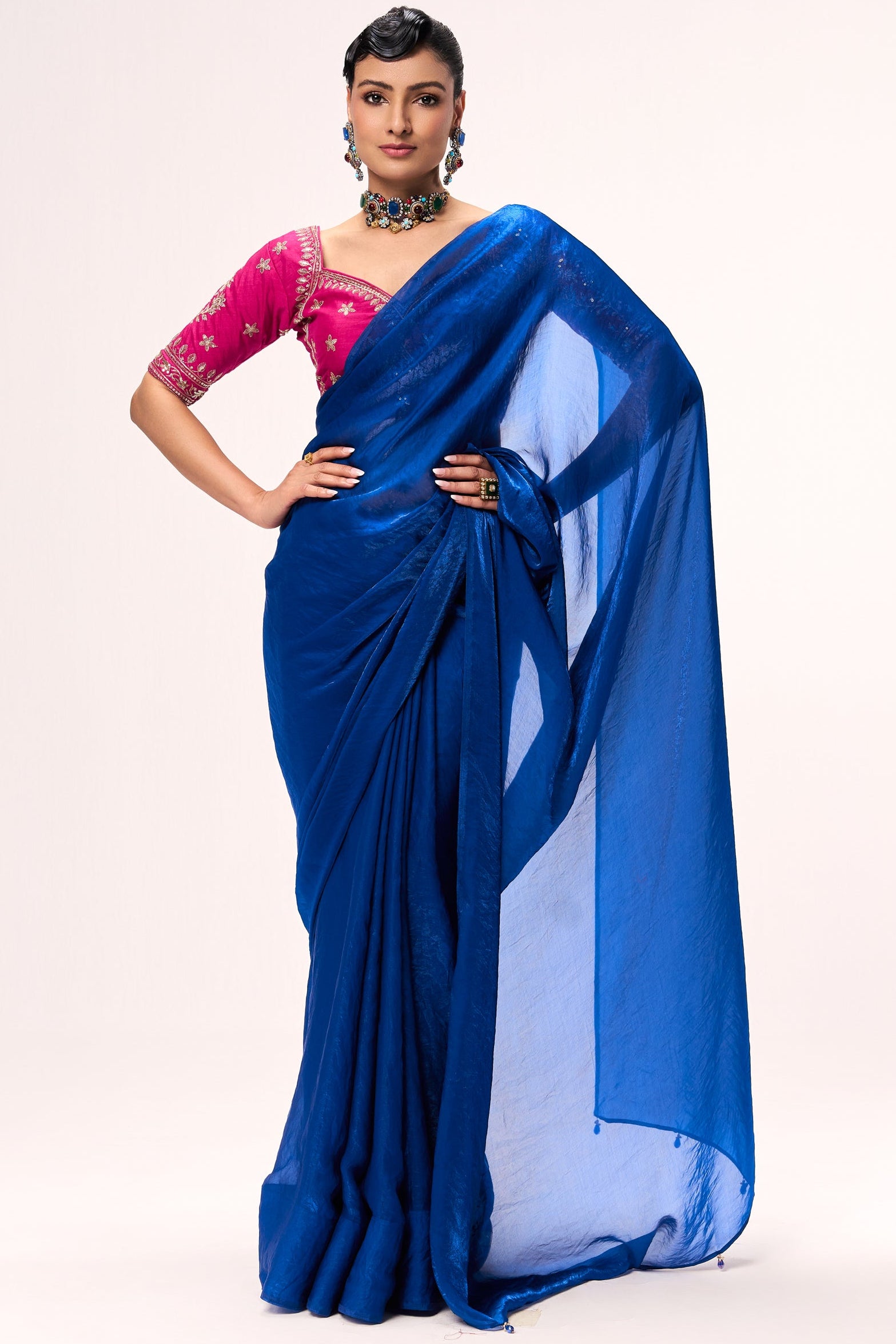 Blue Metallic Satin Saree with Sabya Embroidered Pink Readymade Blouse