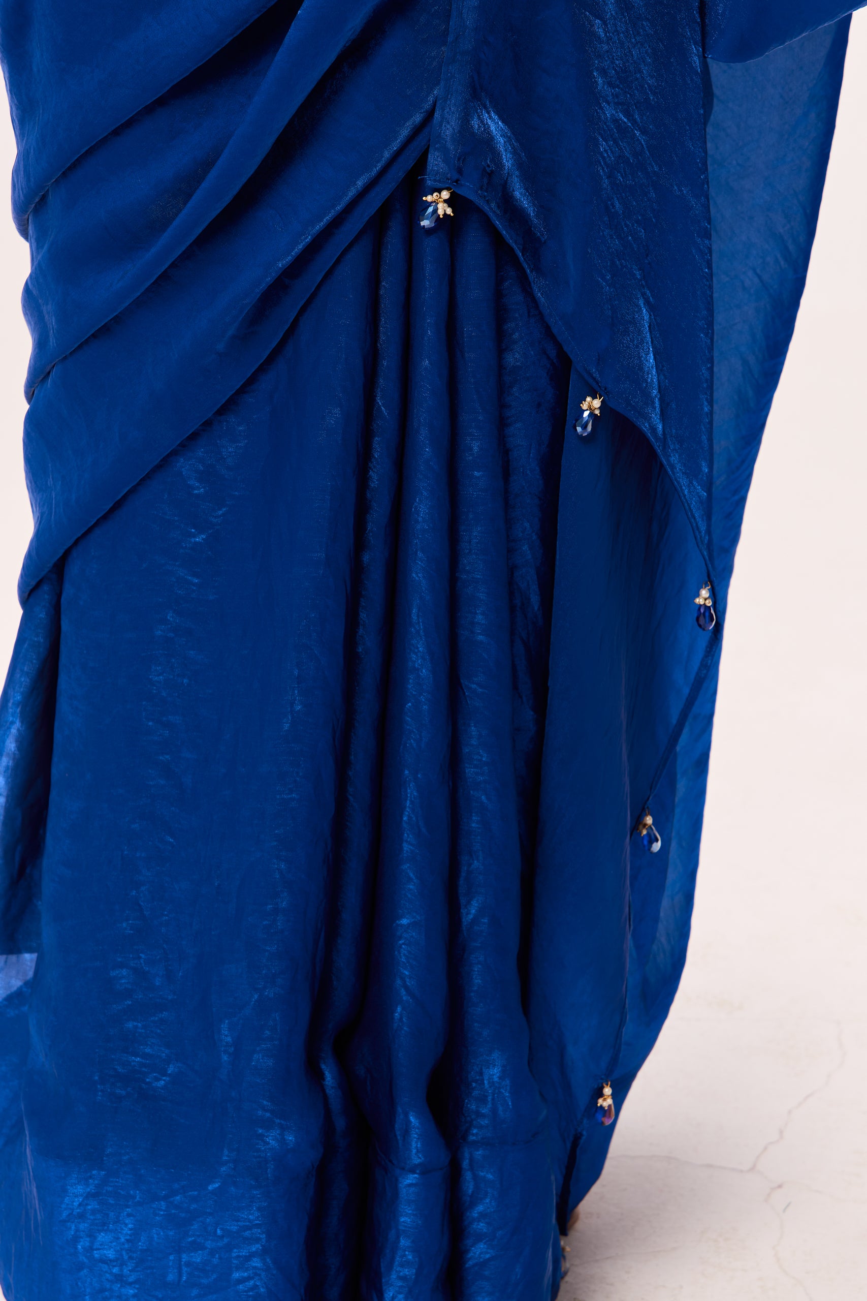 Blue Metallic Satin Saree with Sabya Embroidered Pink Readymade Blouse