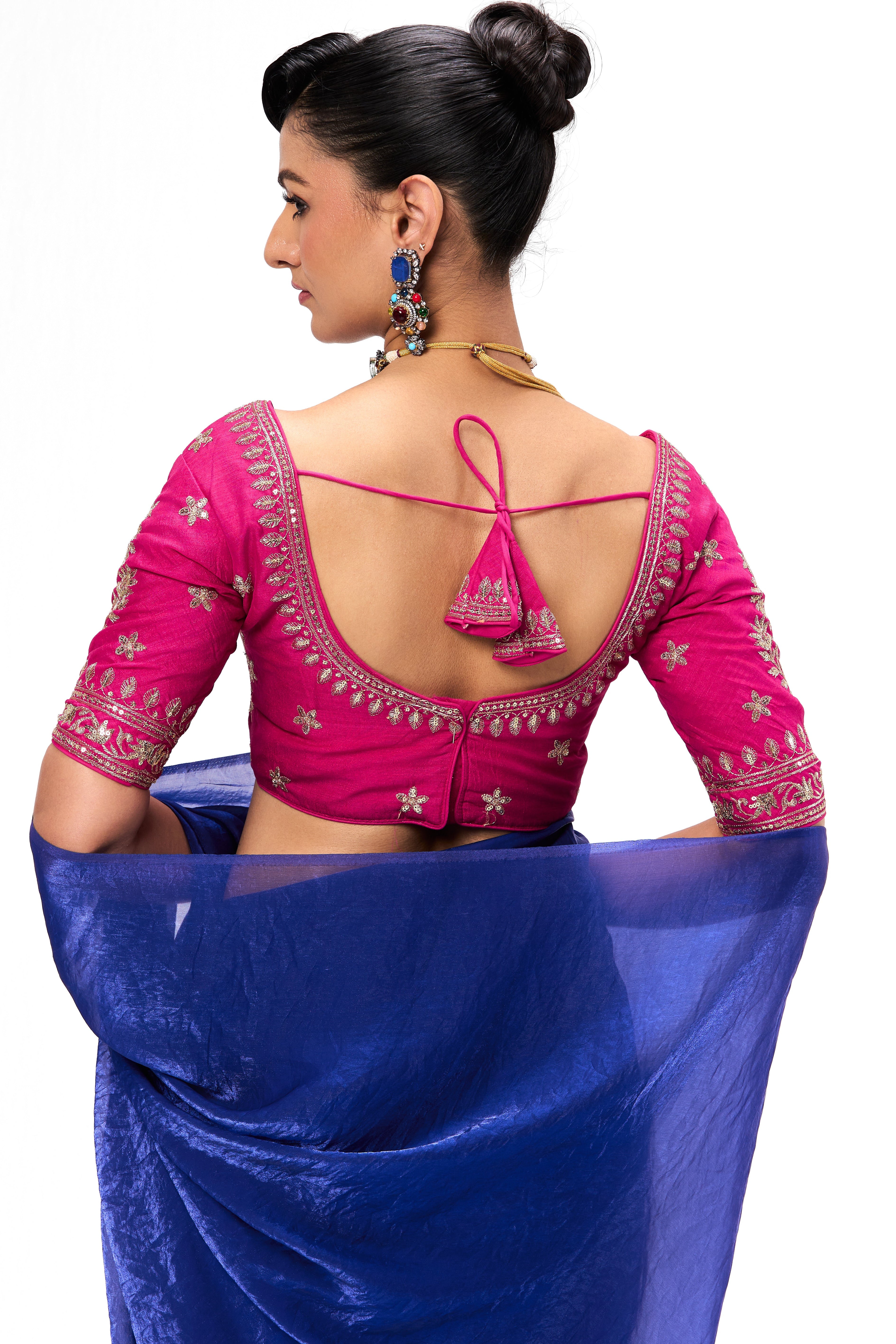 With Readymade Blouse - Blue Metallic Satin Saree with Sabya Embroidered Pink Readymade Blouse
