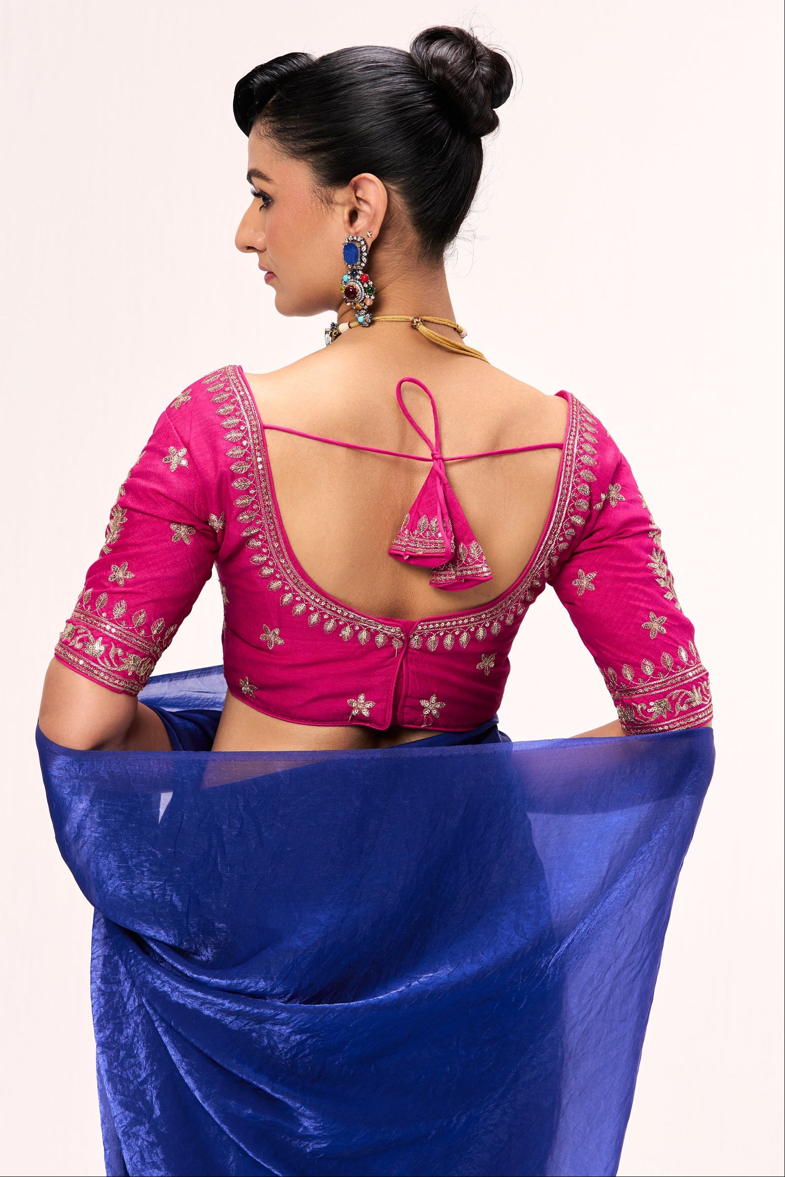 Blue Metallic Satin Saree with Sabya Embroidered Pink Readymade Blouse