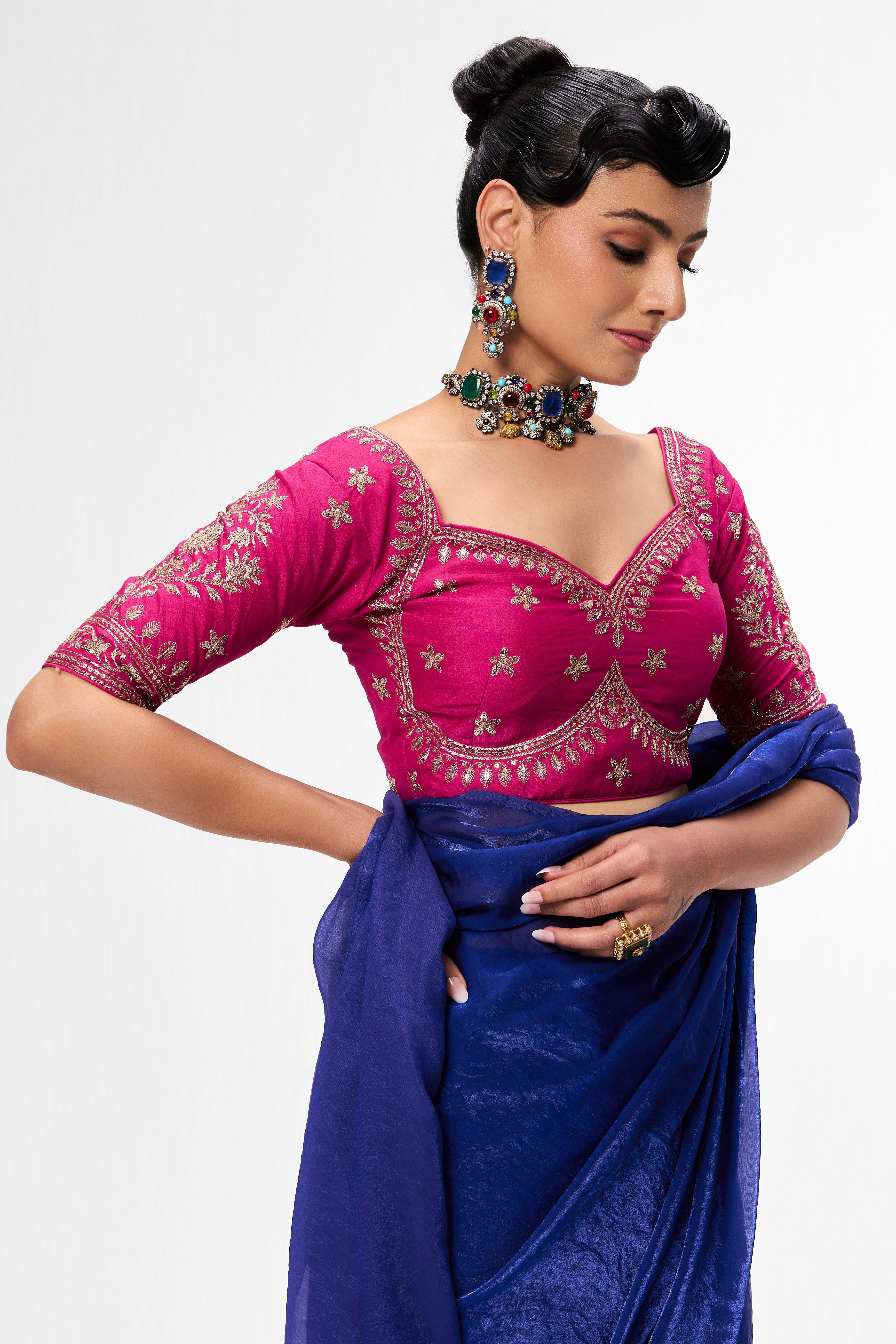 Fuchsia Embroidered Sabya Blouse – Free-Size Adjustable 32–40 inches | Designer Couture Blouse