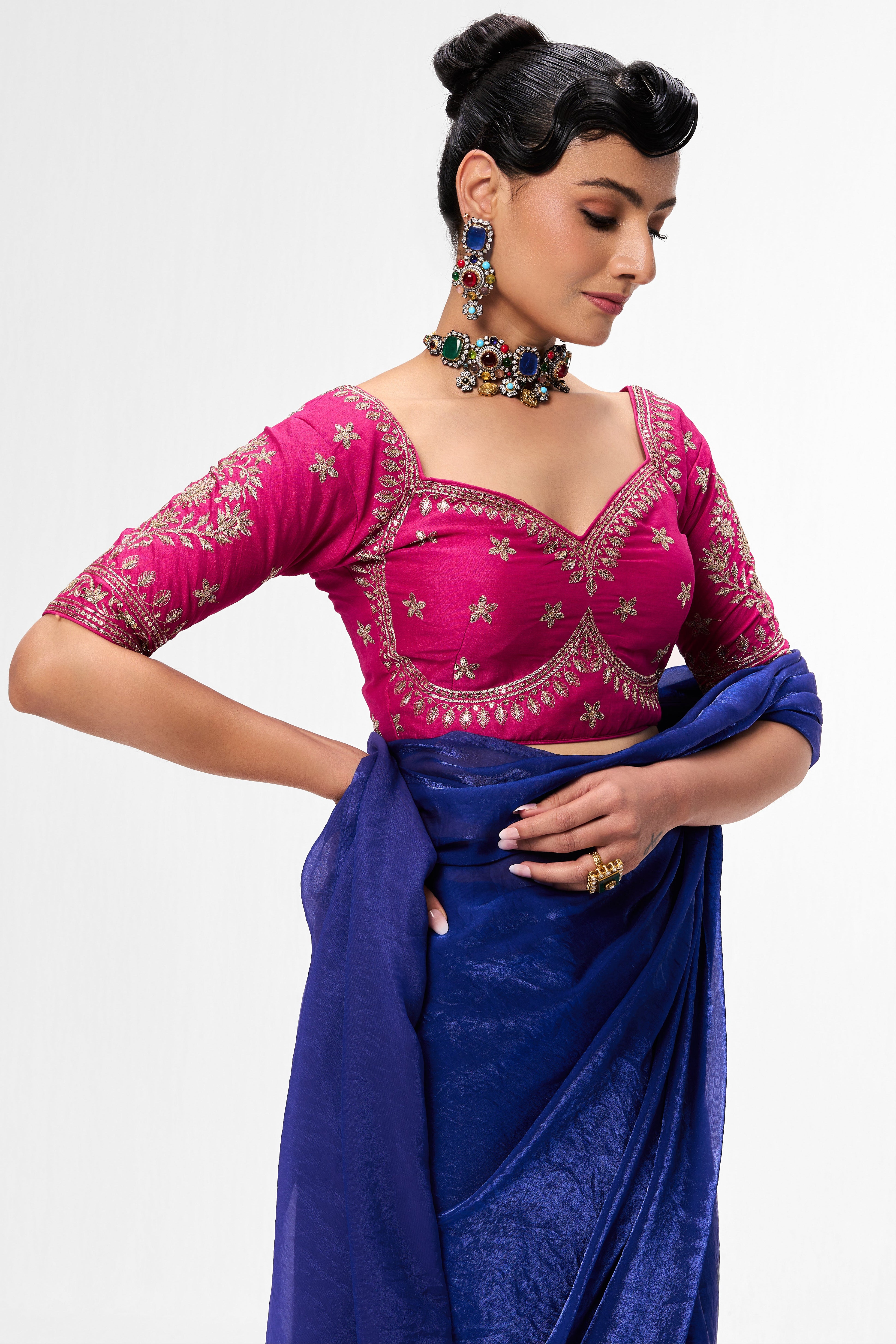 With Readymade Blouse - Blue Metallic Satin Saree with Sabya Embroidered Pink Readymade Blouse