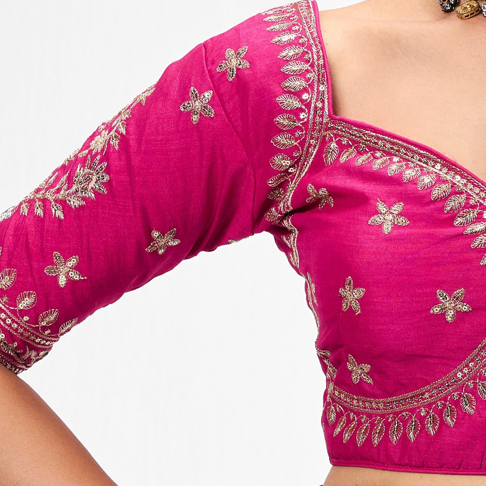 With Readymade Blouse - Blue Metallic Satin Saree with Sabya Embroidered Pink Readymade Blouse