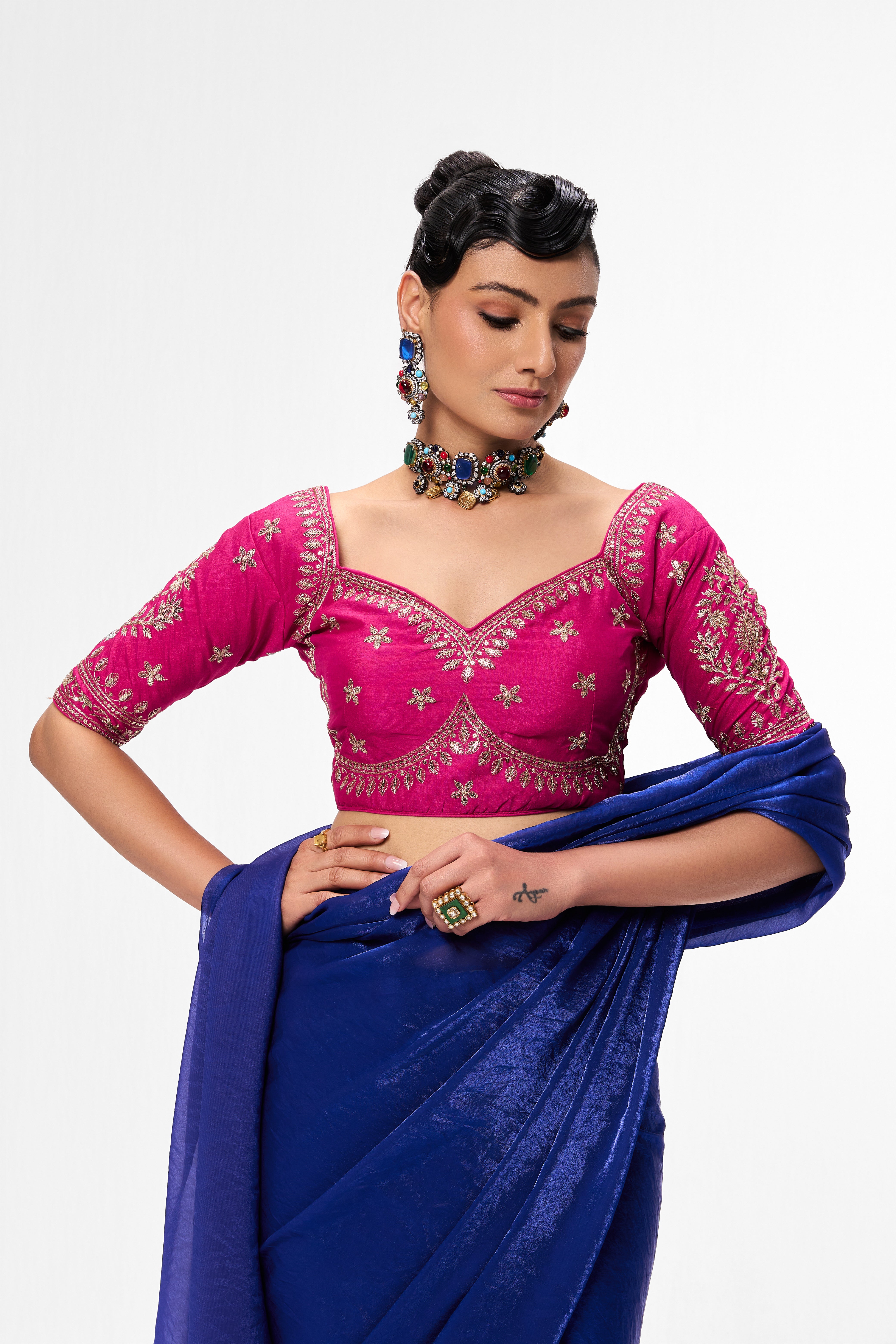 With Readymade Blouse - Woven Yellow Georgette Saree with Pink Embroidered Ready-to-Wear Blouse