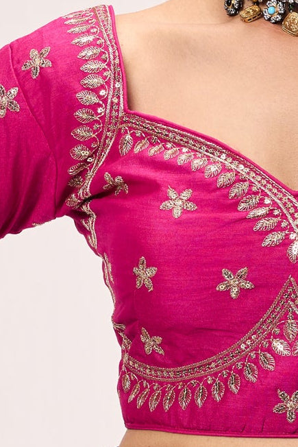 Blue Metallic Satin Saree with Sabya Embroidered Pink Readymade Blouse