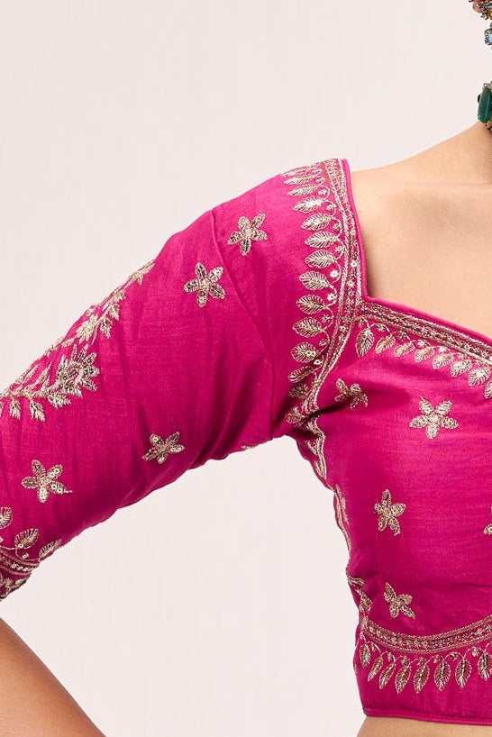 Fuchsia Embroidered Sabya Blouse – Free-Size Adjustable 32–40 inches | Designer Couture Blouse