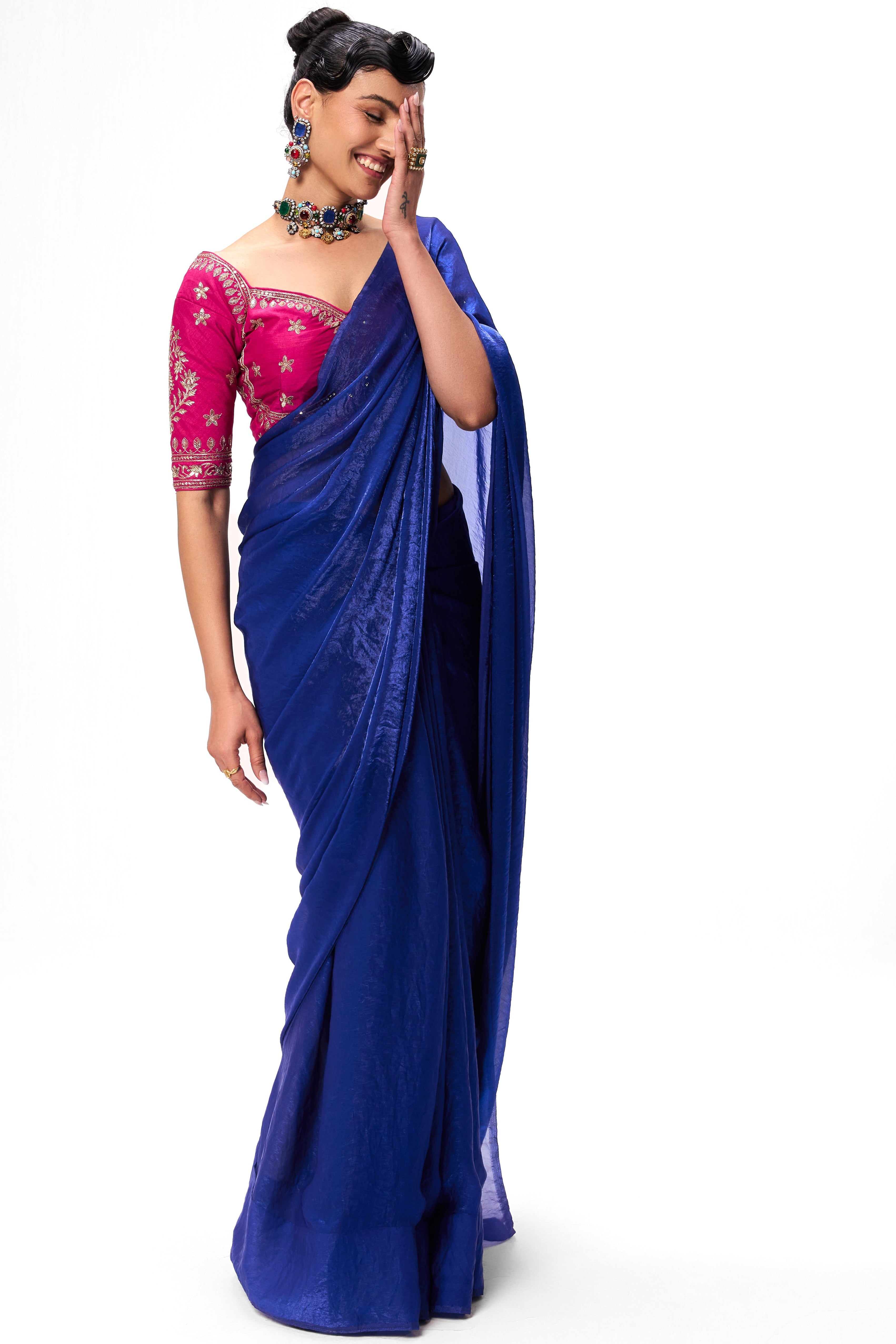 With Readymade Blouse - Blue Metallic Satin Saree with Sabya Embroidered Pink Readymade Blouse