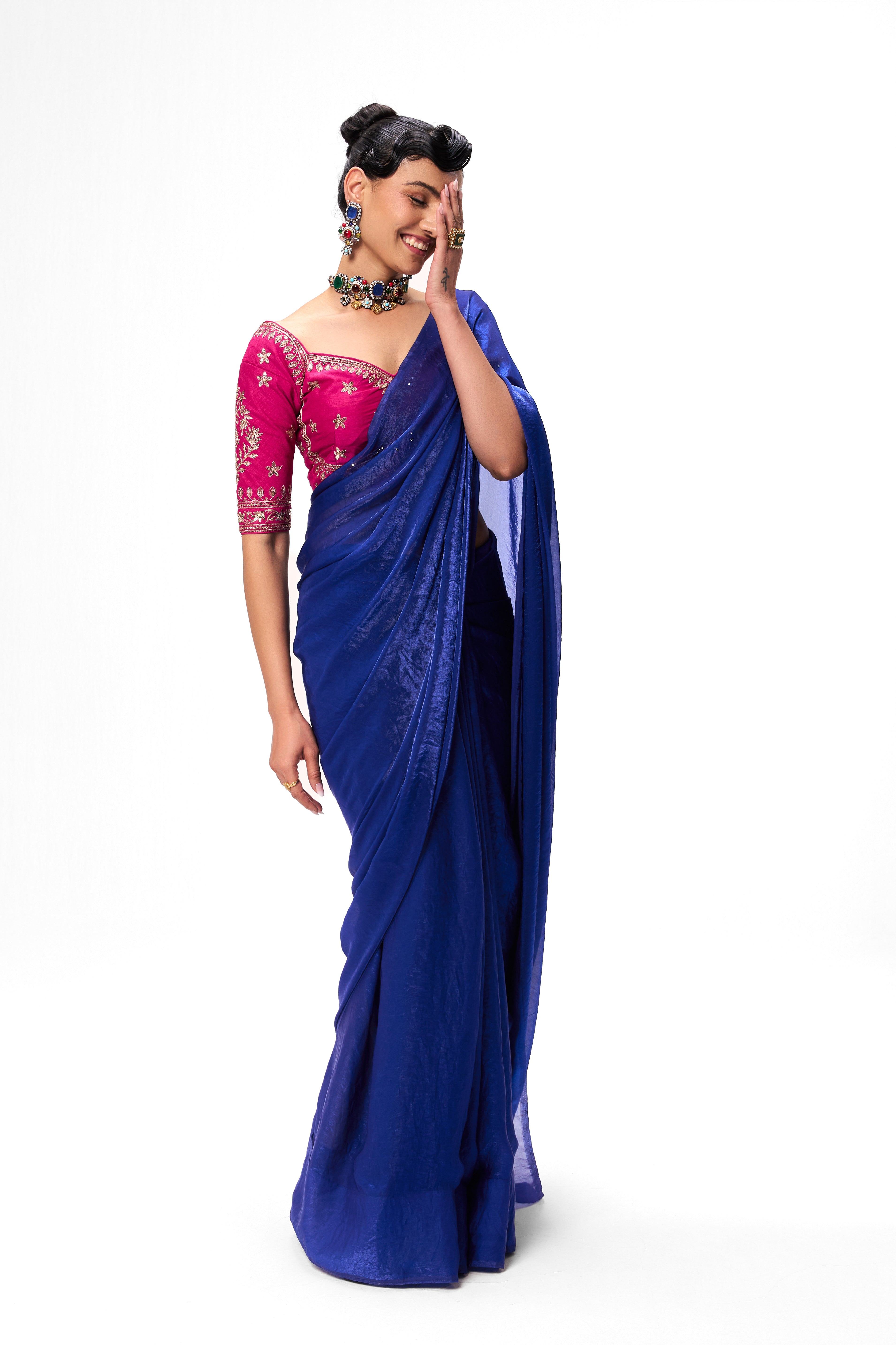 Fuchsia Embroidered Sabya Blouse – Free-Size Adjustable 32–40 inches | Designer Couture Blouse