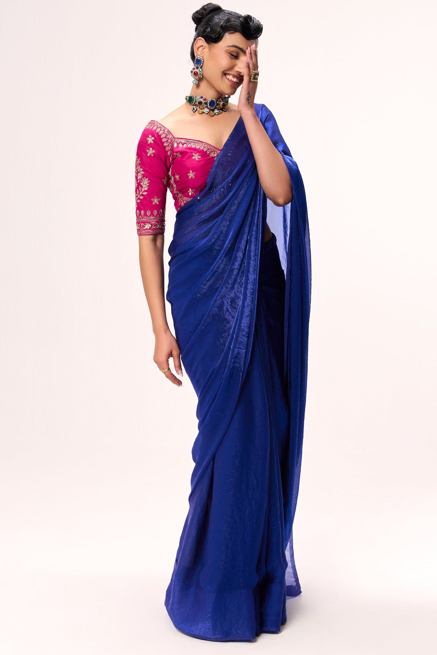Blue Metallic Satin Saree with Sabya Embroidered Pink Readymade Blouse