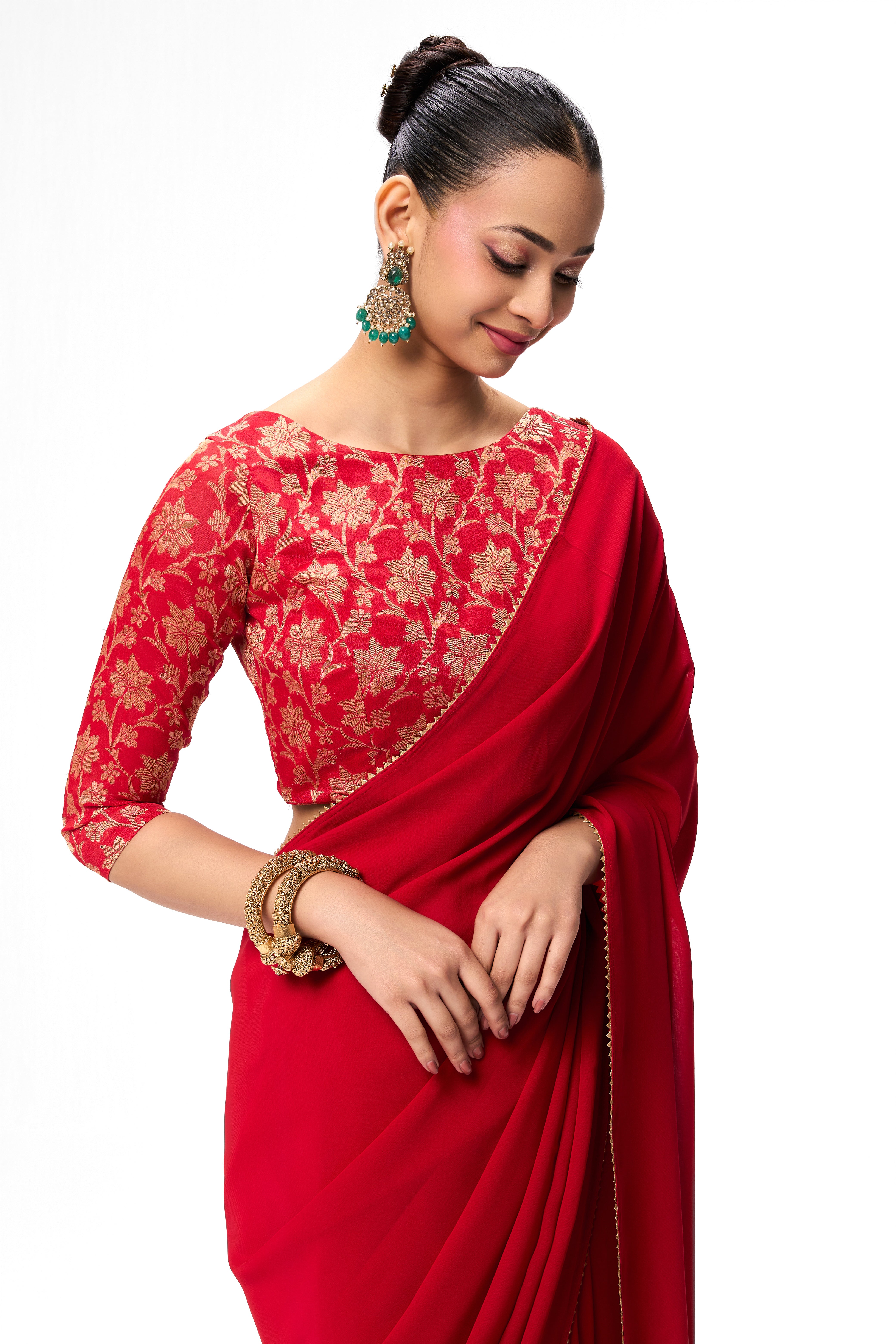 Red Drapy Georgette Saree with Jacquard Blouse Fabric