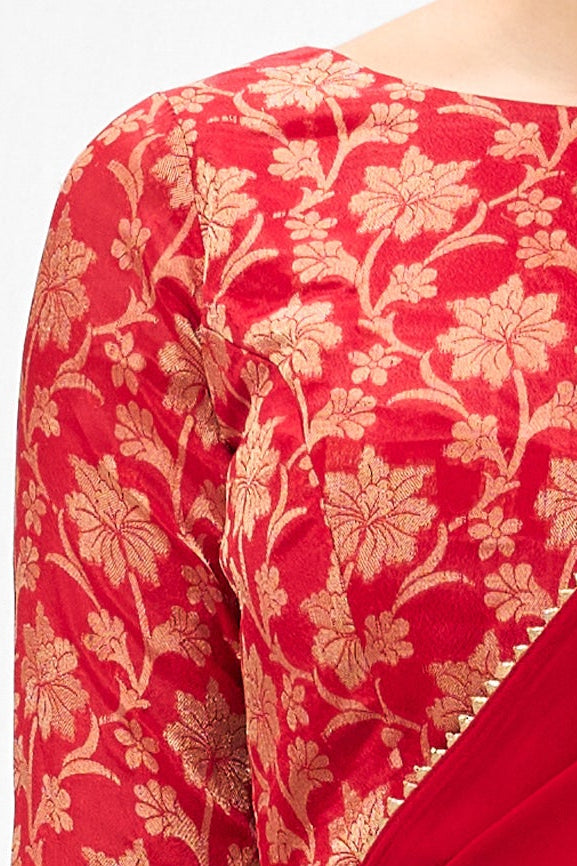 Red Drapy Georgette Saree with Jacquard Blouse Fabric