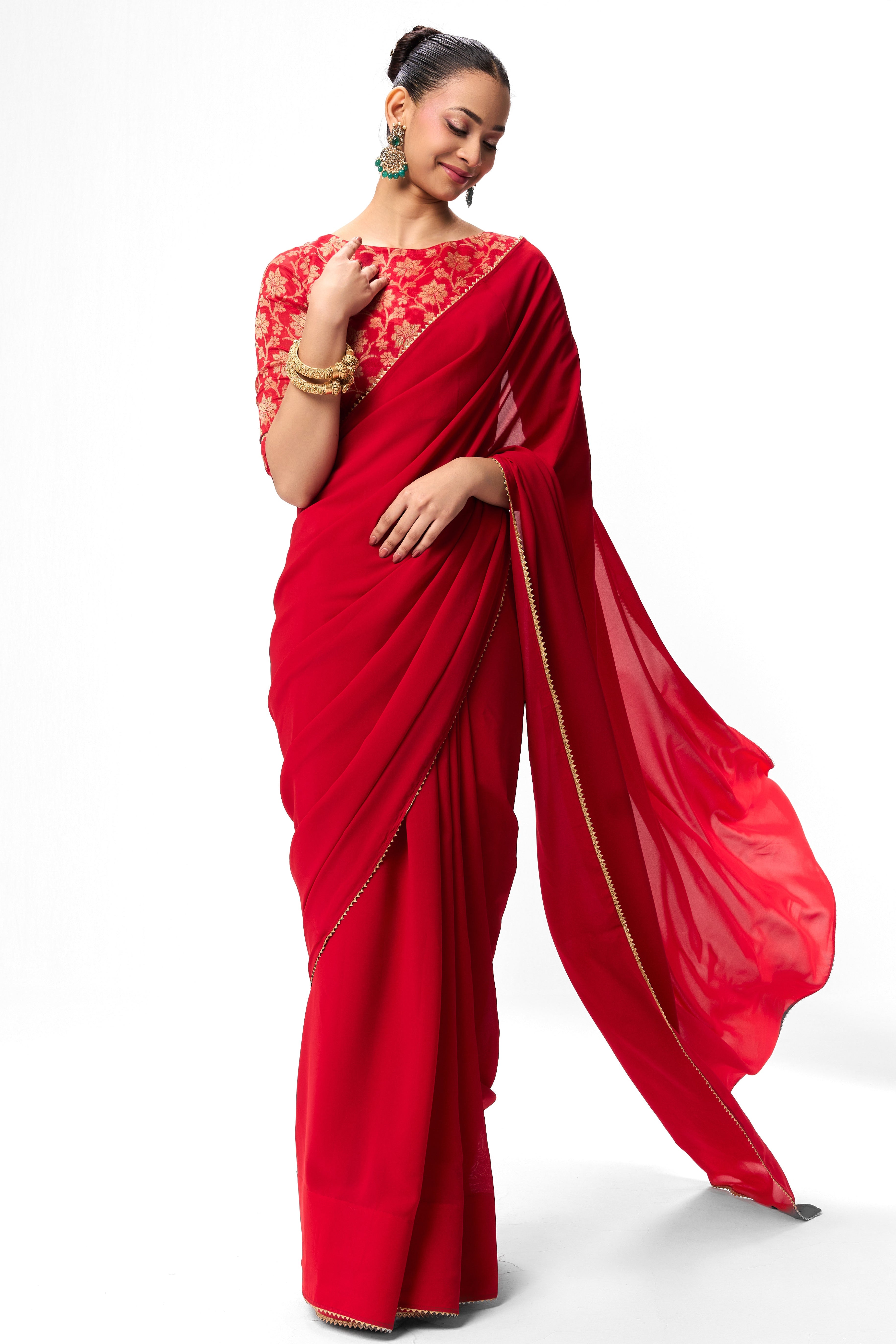 Red Drapy Georgette Saree with Jacquard Blouse Fabric