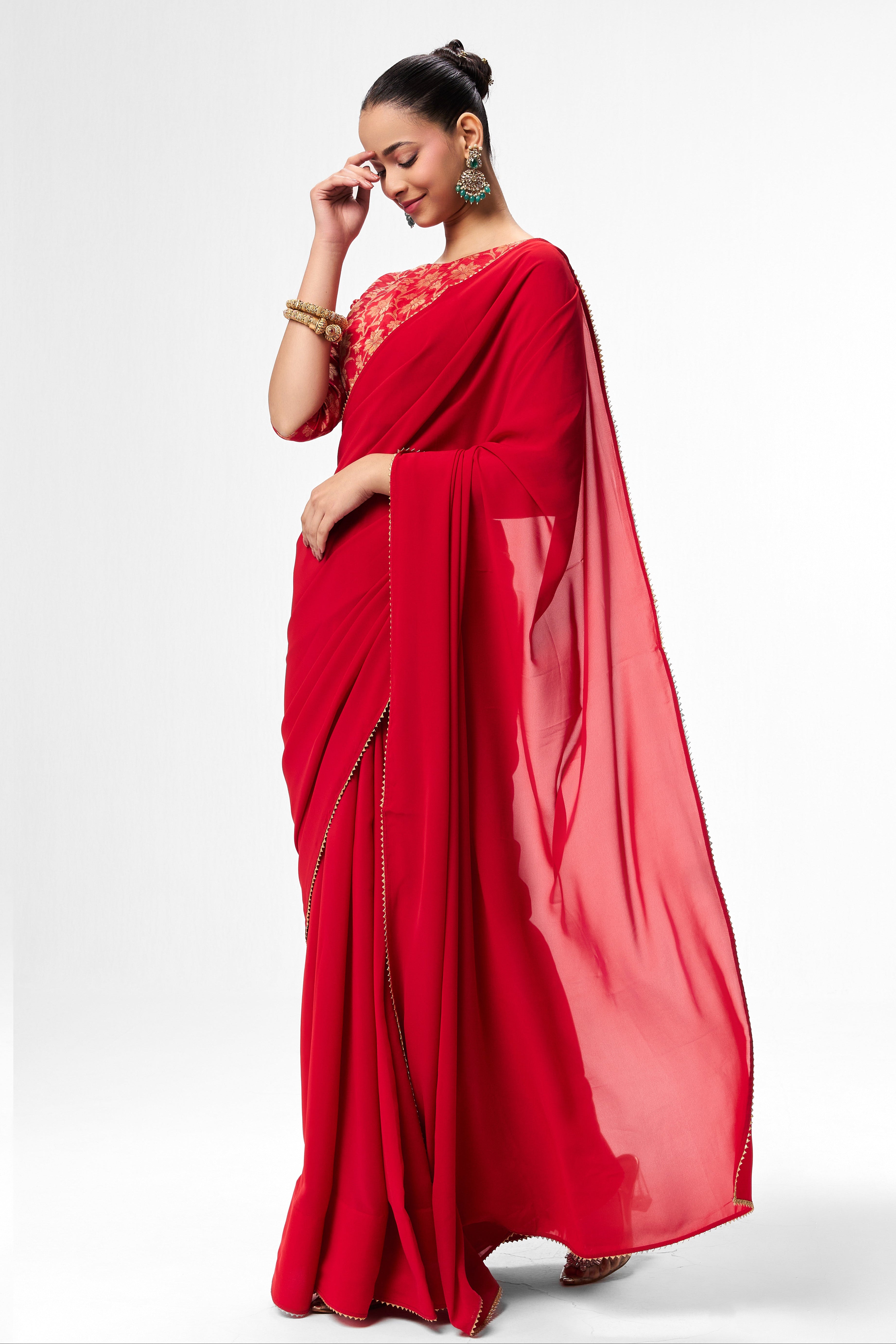 Red Drapy Georgette Saree with Jacquard Blouse Fabric