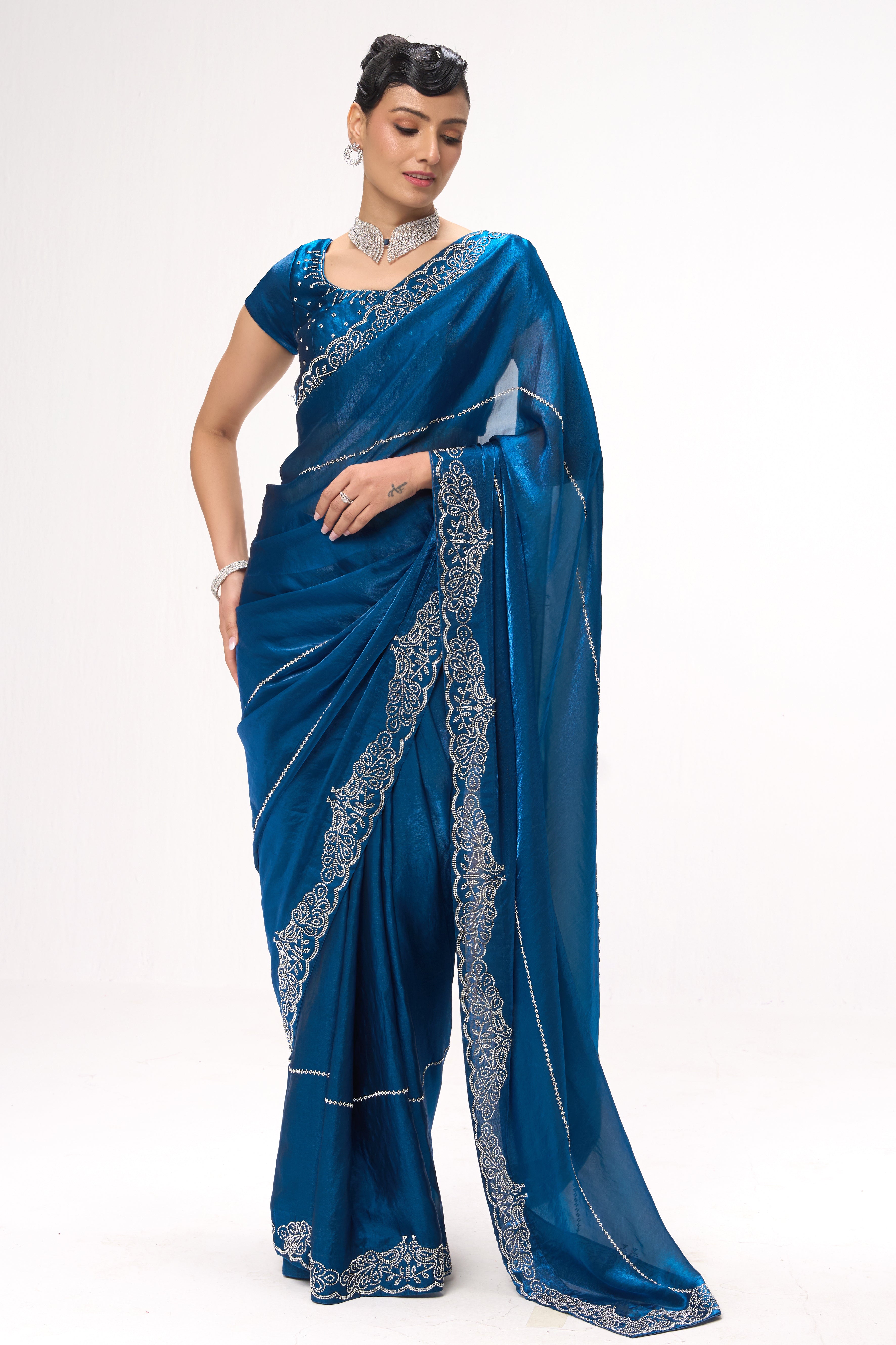 Real Deal Bright Blue Diamonds Metallic Satin Saree with Blouse Fabric