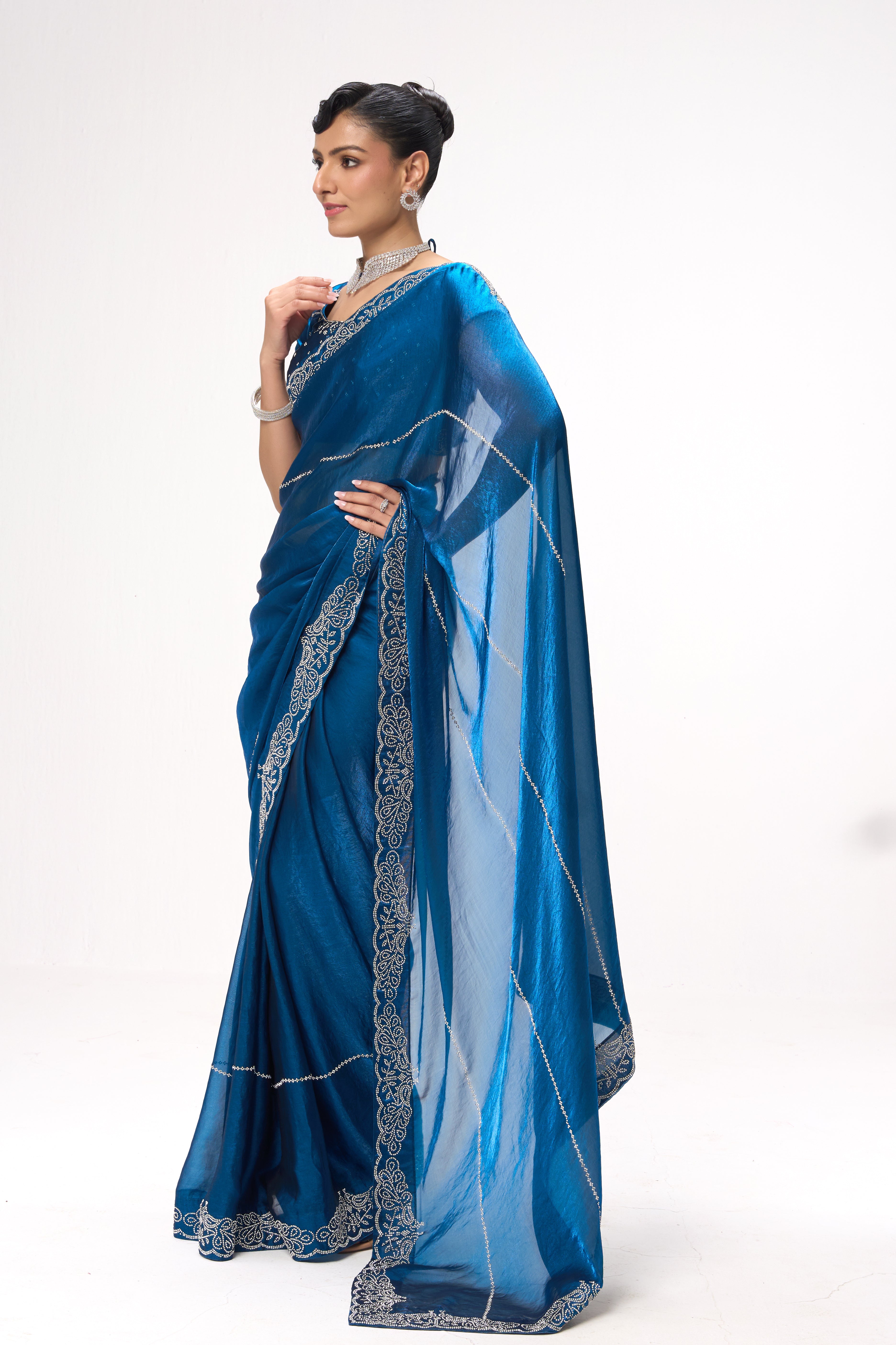 Real Deal Bright Blue Diamonds Metallic Satin Saree with Blouse Fabric