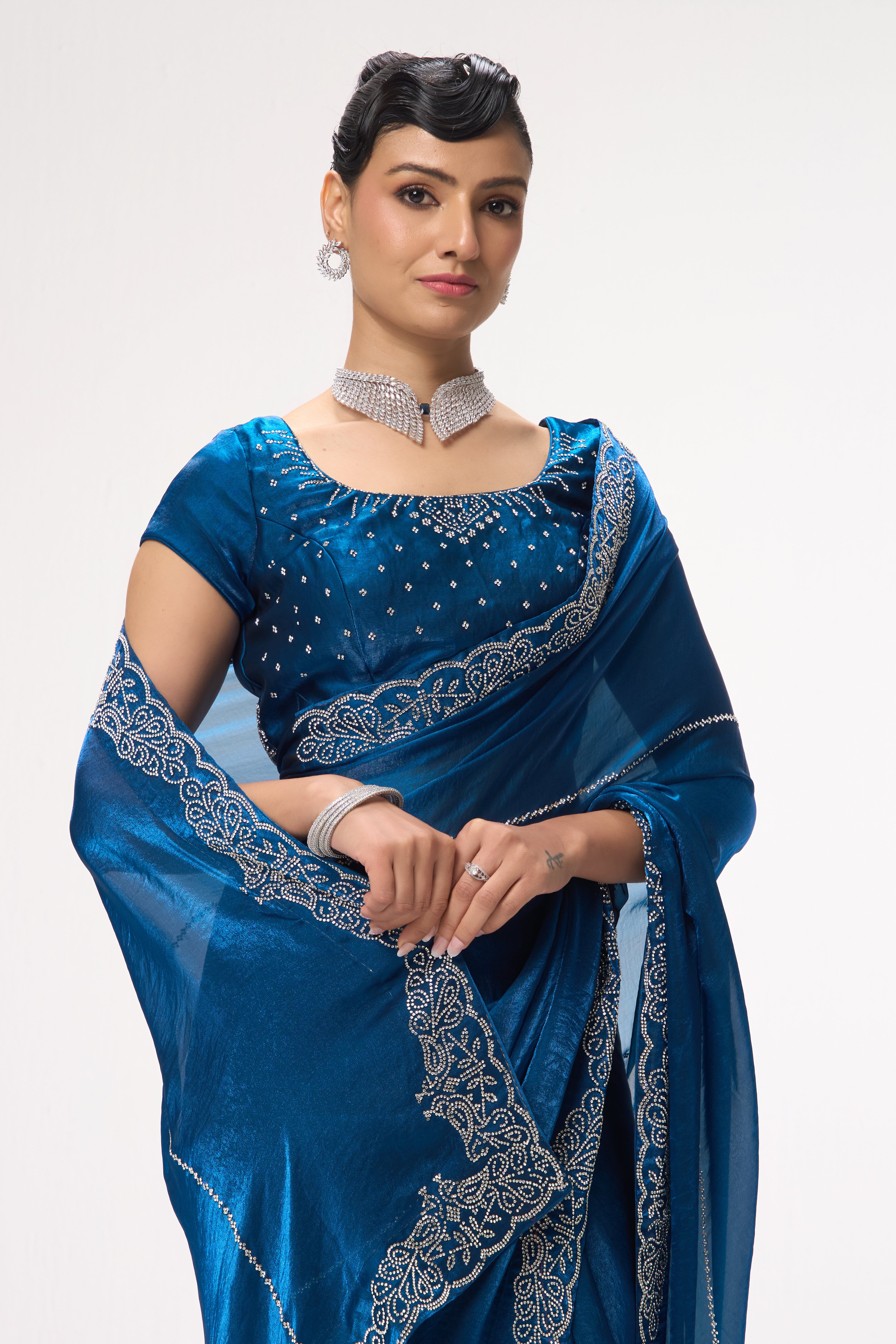 Real Deal Bright Blue Diamonds Metallic Satin Saree with Blouse Fabric