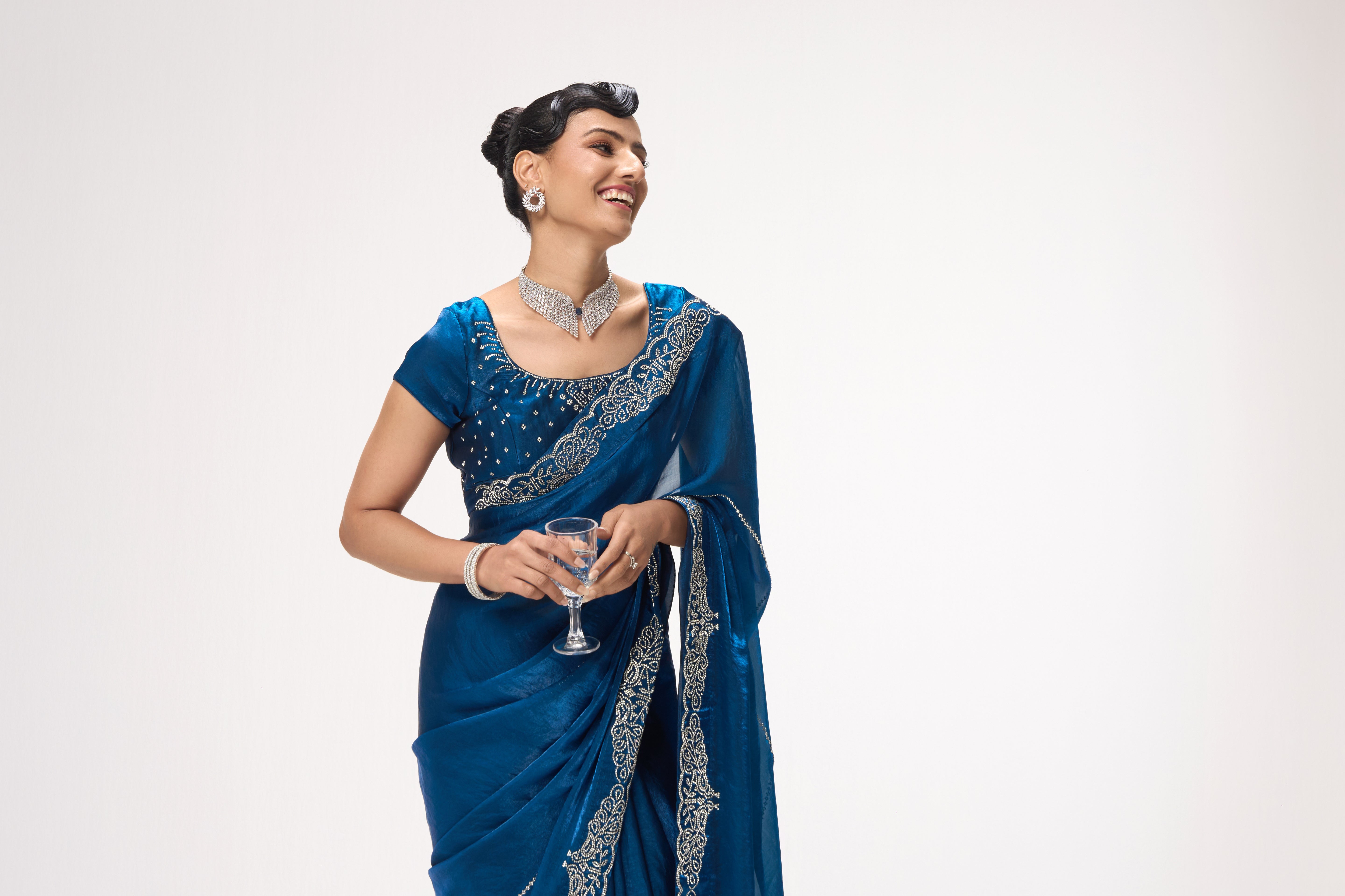 Real Deal Bright Blue Diamonds Metallic Satin Saree with Blouse Fabric