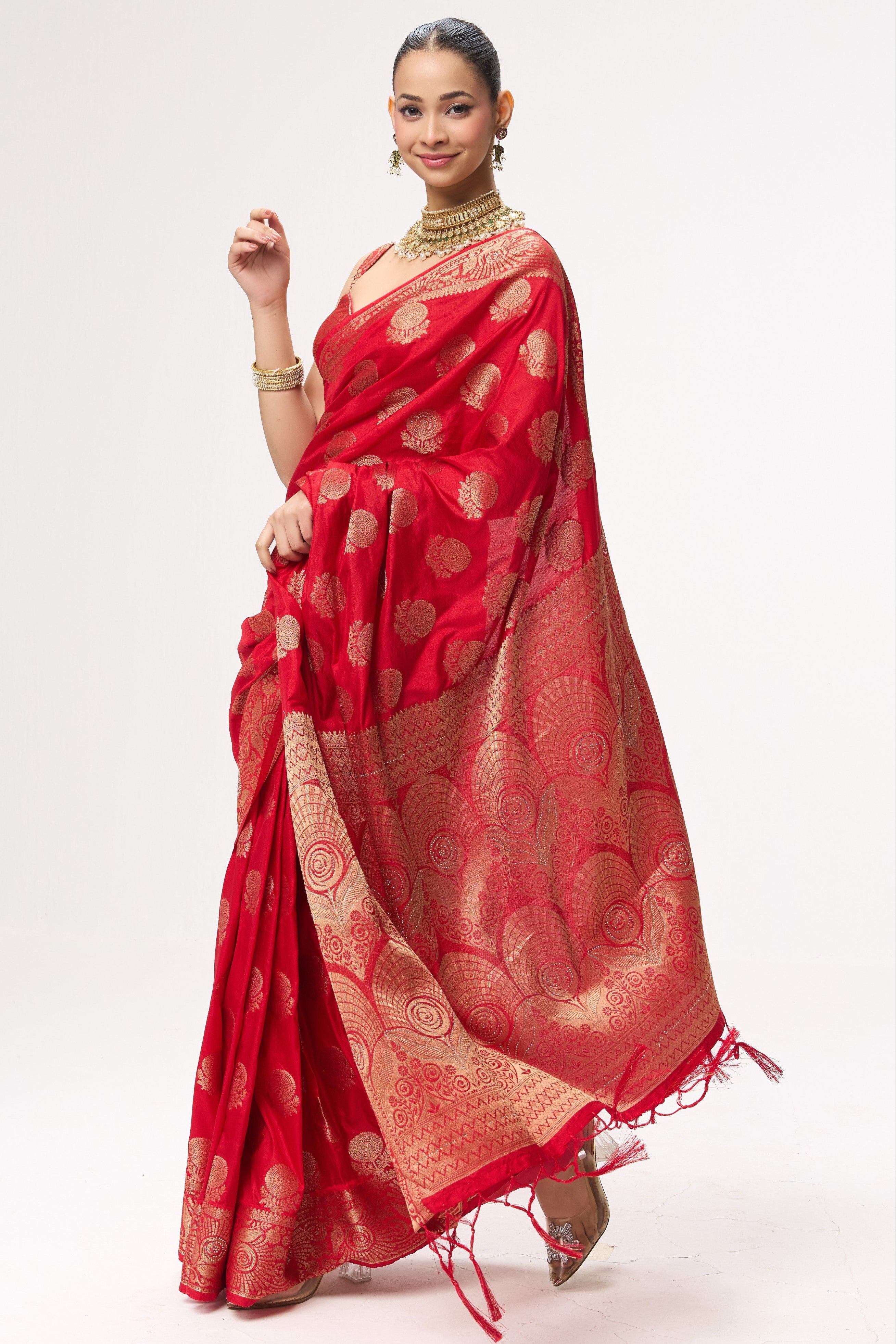 Red Banarasi Silk Blend Saree with Blouse Fabric