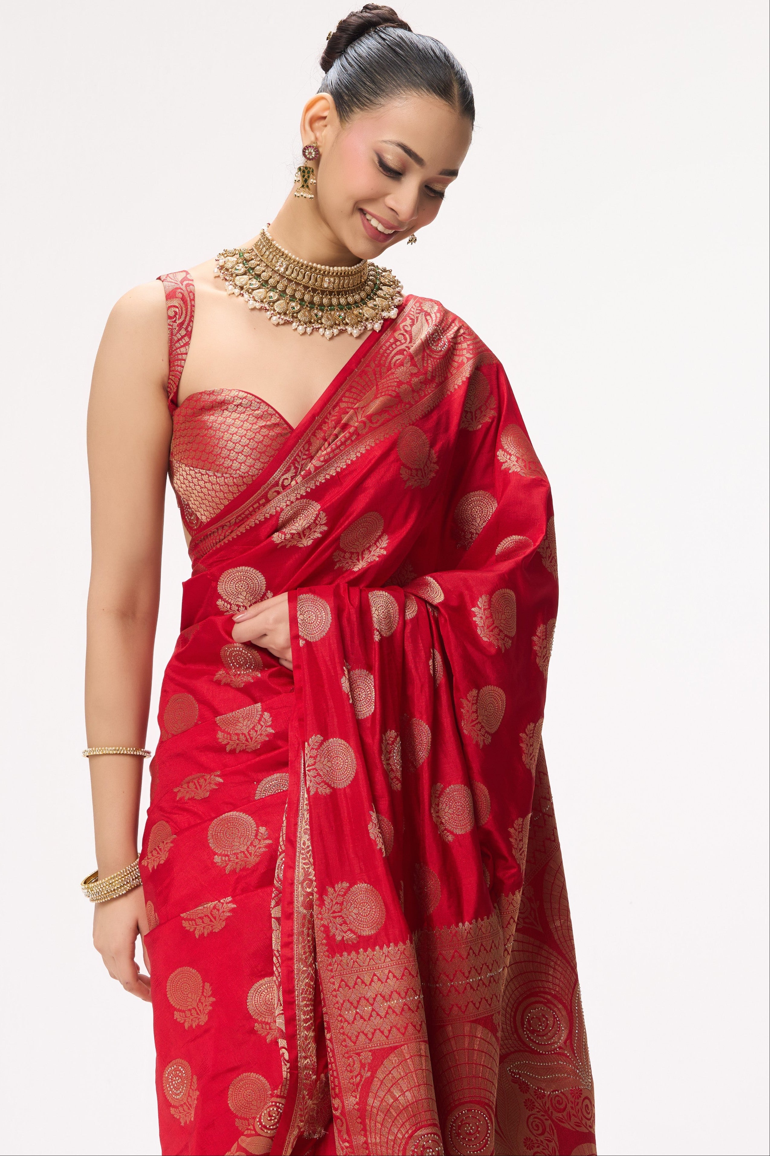 Red Banarasi Silk Blend Saree with Blouse Fabric