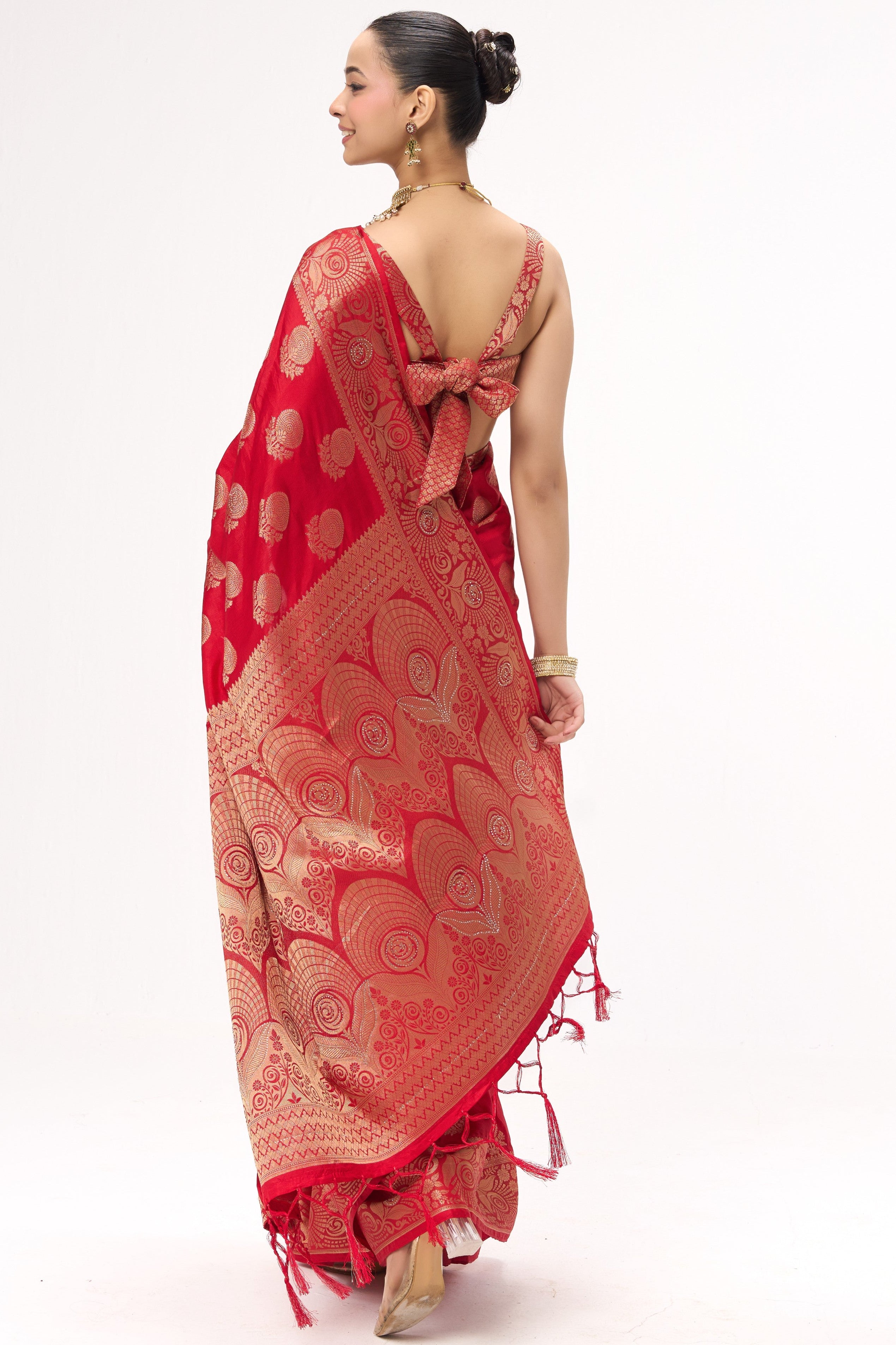 Red Banarasi Silk Blend Saree with Blouse Fabric