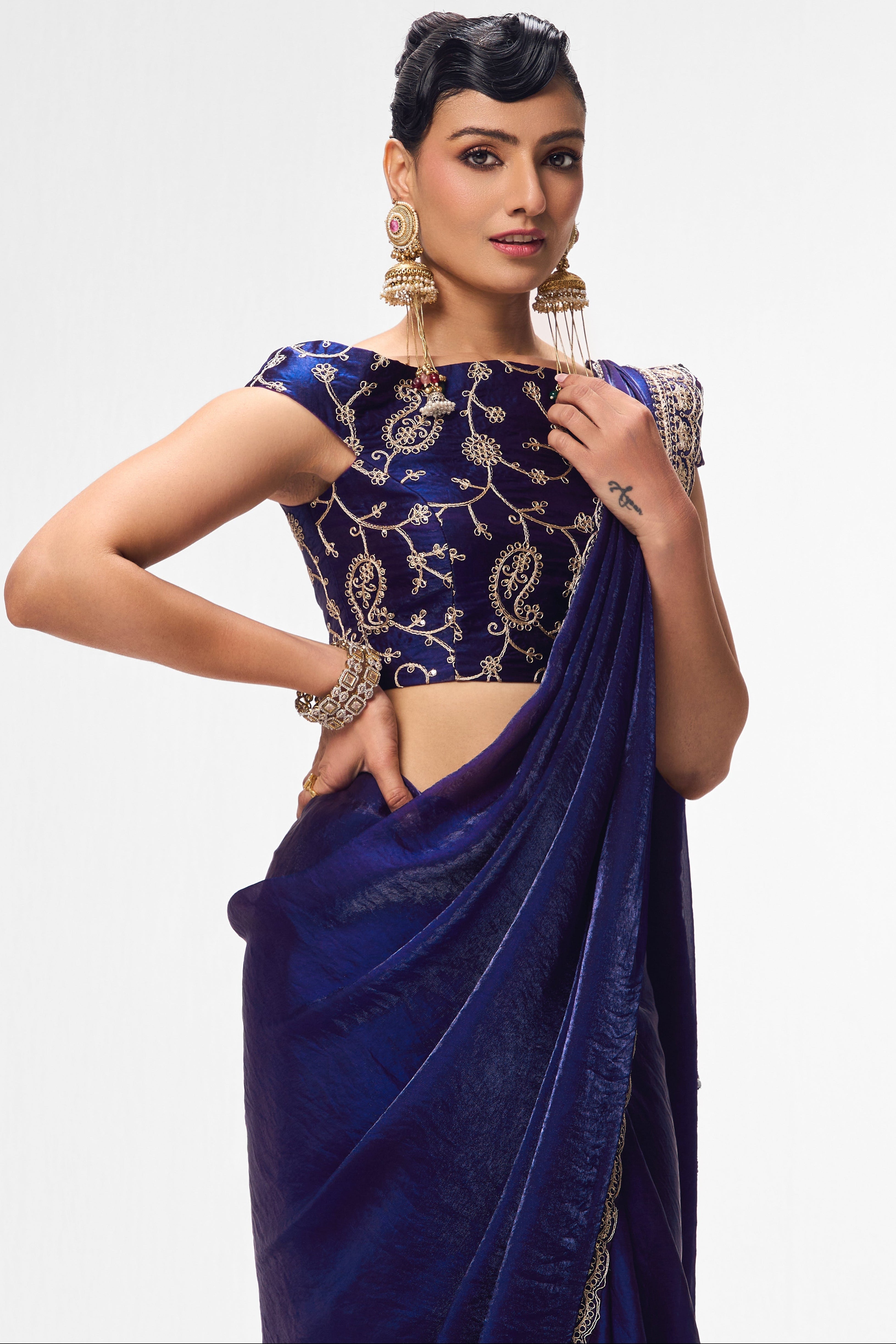 Amythyst Embroidered Metallic Satin Saree with Blouse Fabric