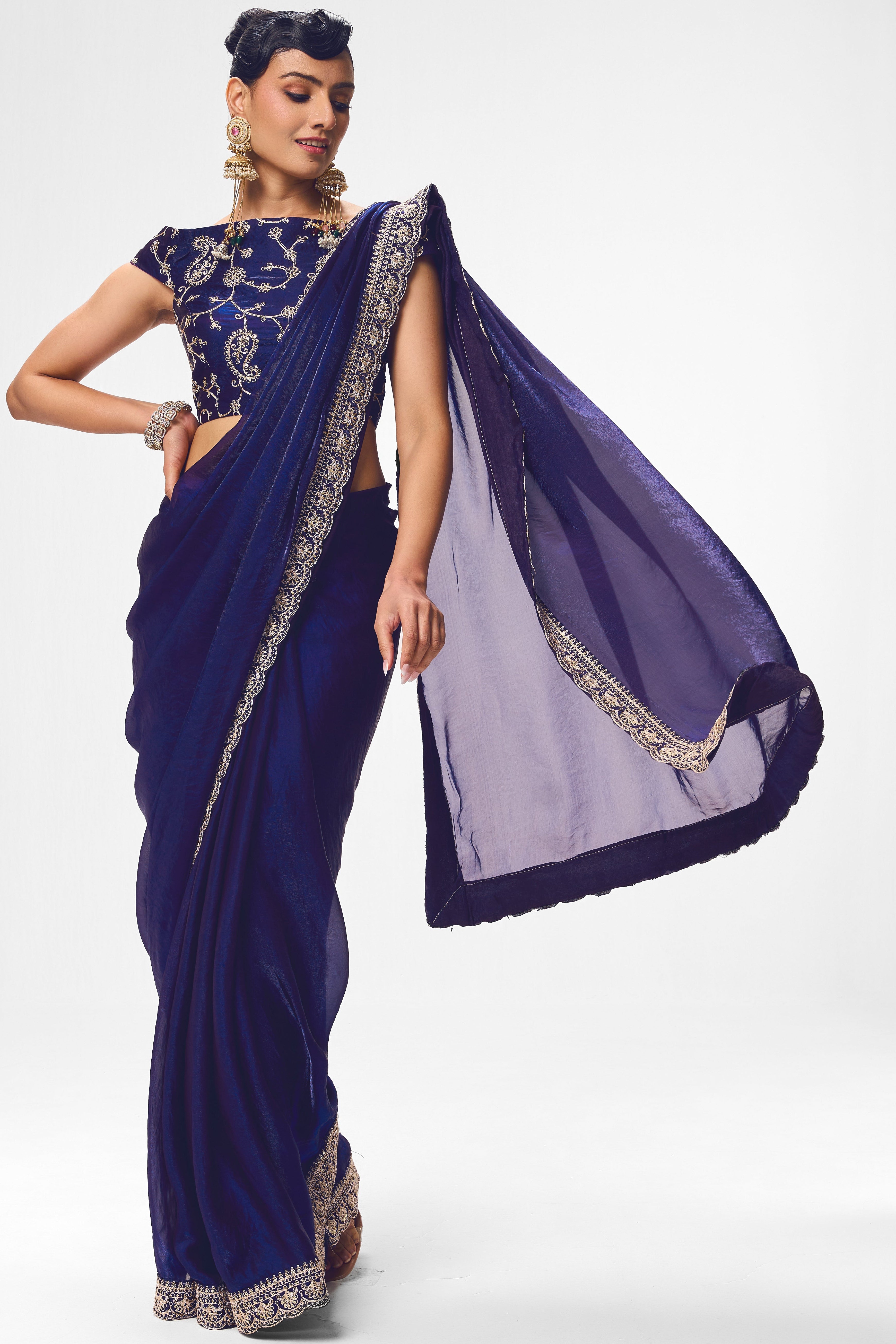 Amythyst Embroidered Metallic Satin Saree with Blouse Fabric