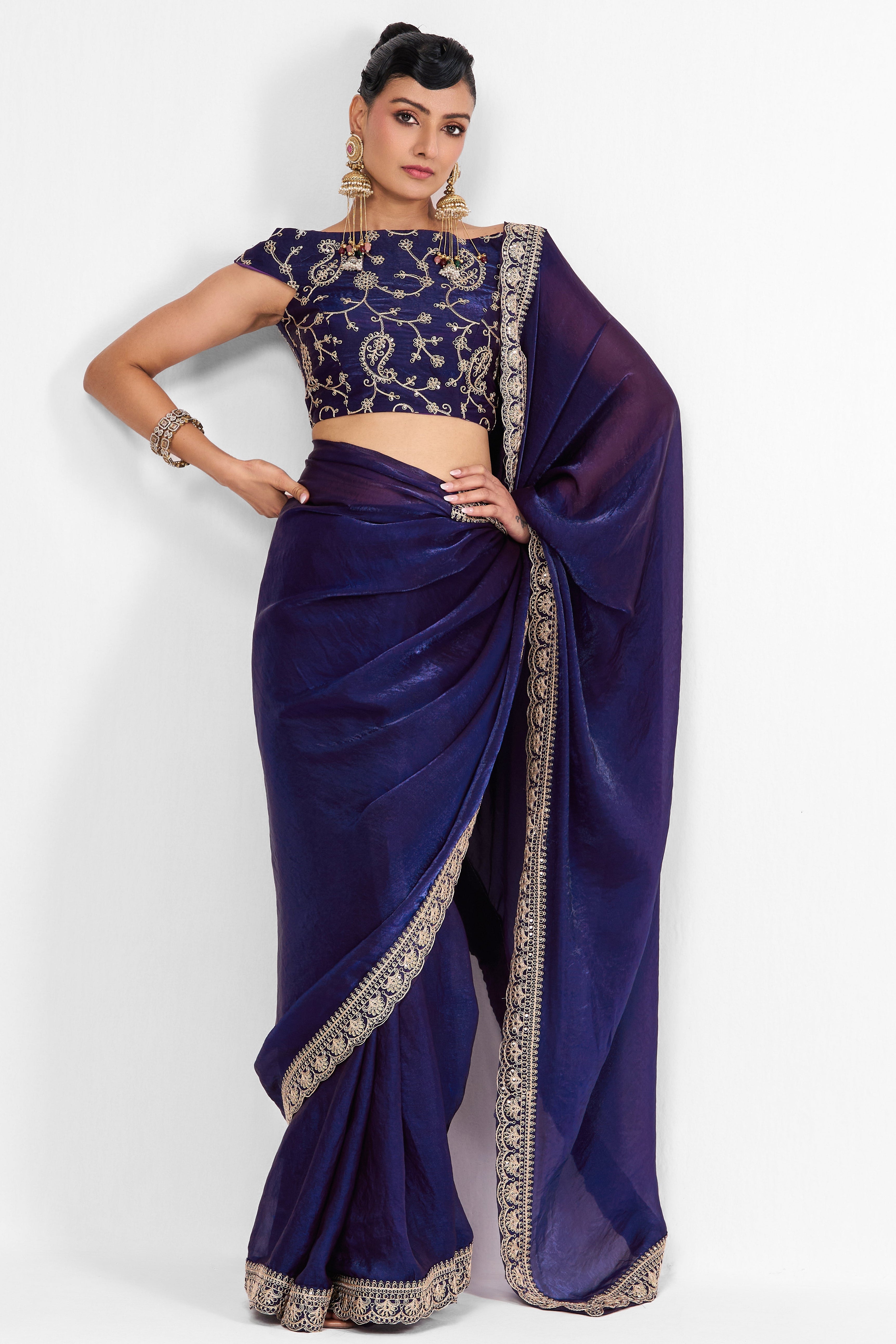 Amythyst Embroidered Metallic Satin Saree with Blouse Fabric