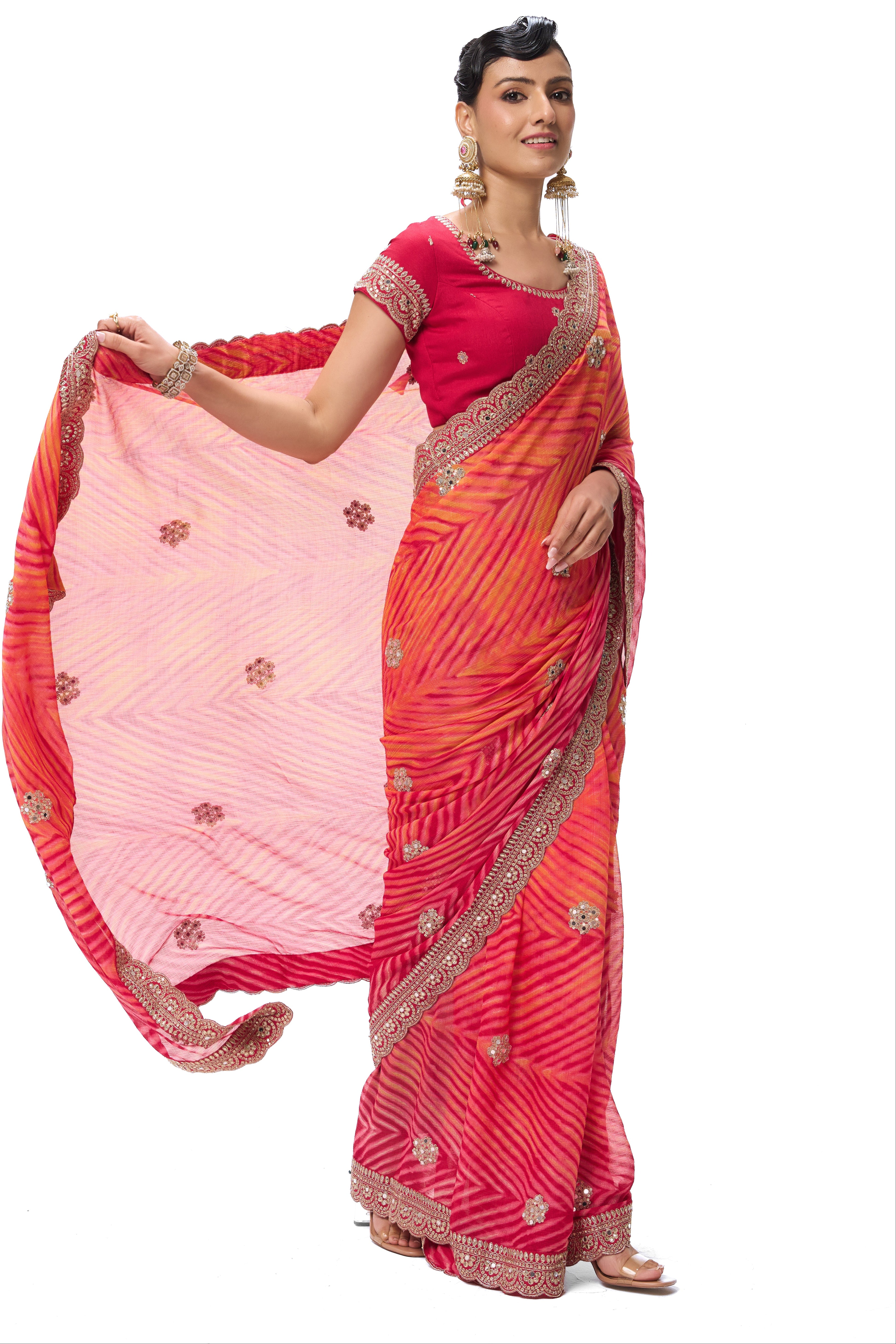 Pink Yellow Leheriya Chiffon Saree with Embroidered Border with Mirrors and Blouse Fabric