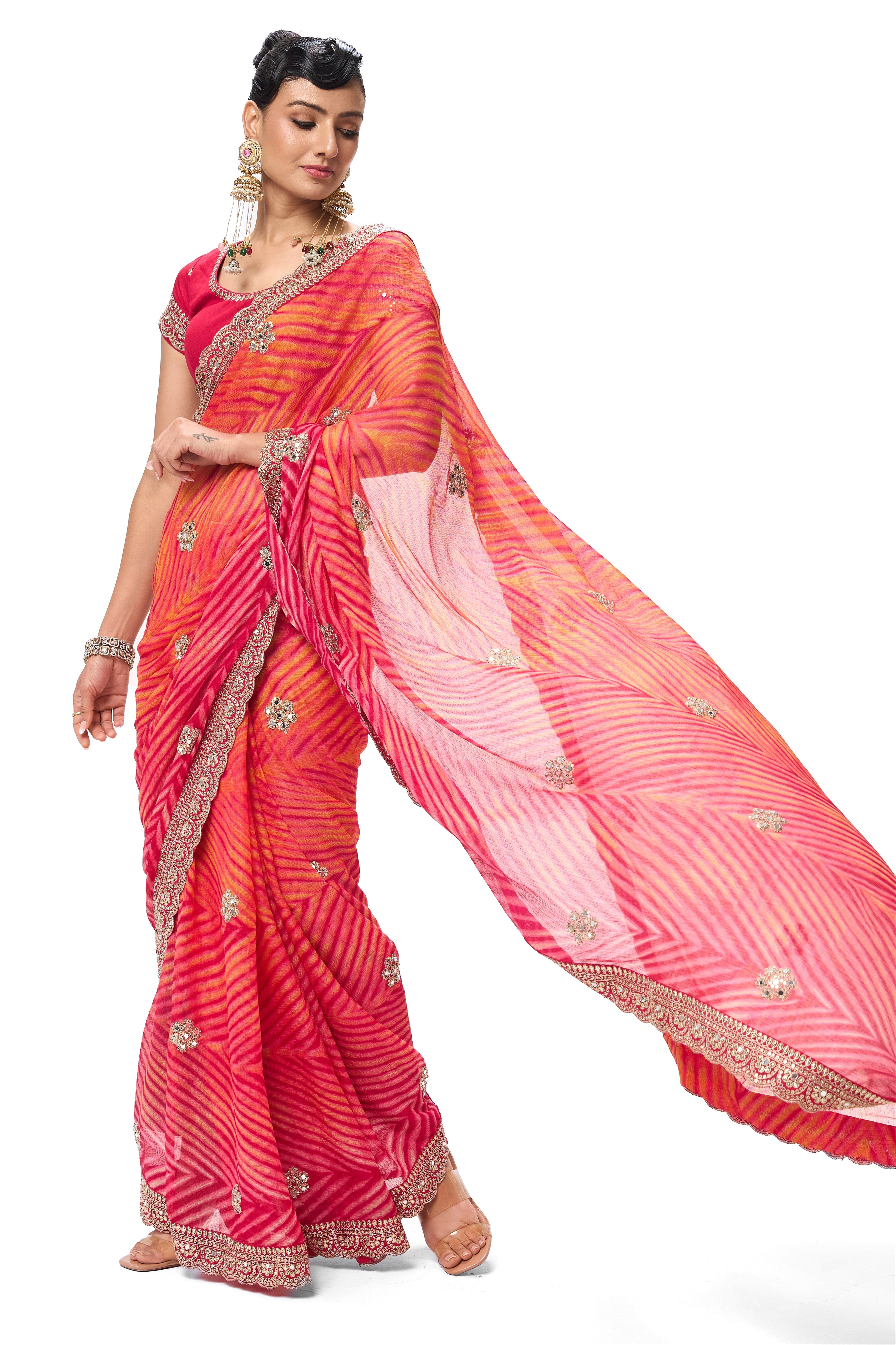 Pink Yellow Leheriya Chiffon Saree with Embroidered Border with Mirrors and Blouse Fabric