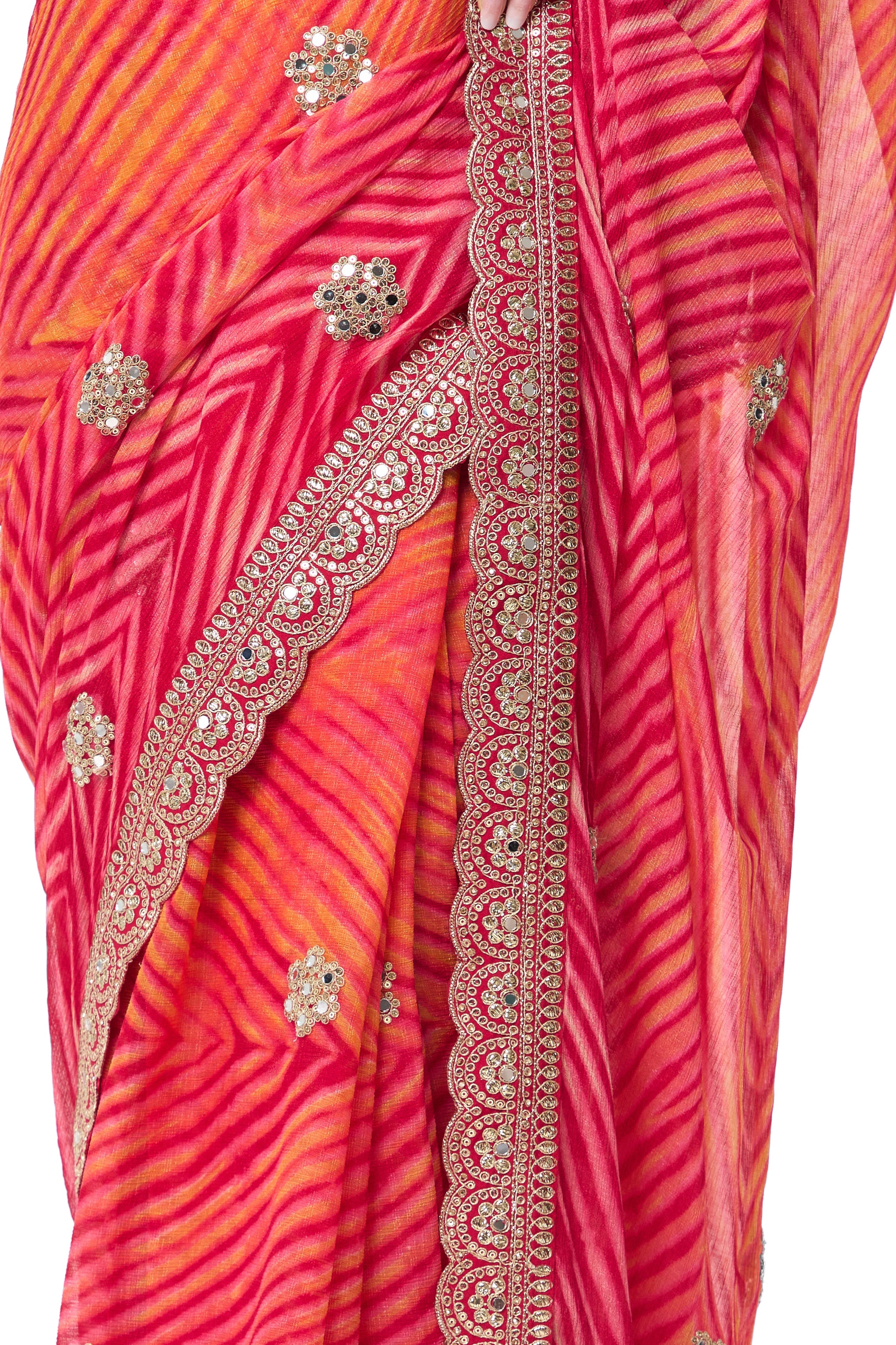 Pink Yellow Leheriya Chiffon Saree with Embroidered Border with Mirrors and Blouse Fabric