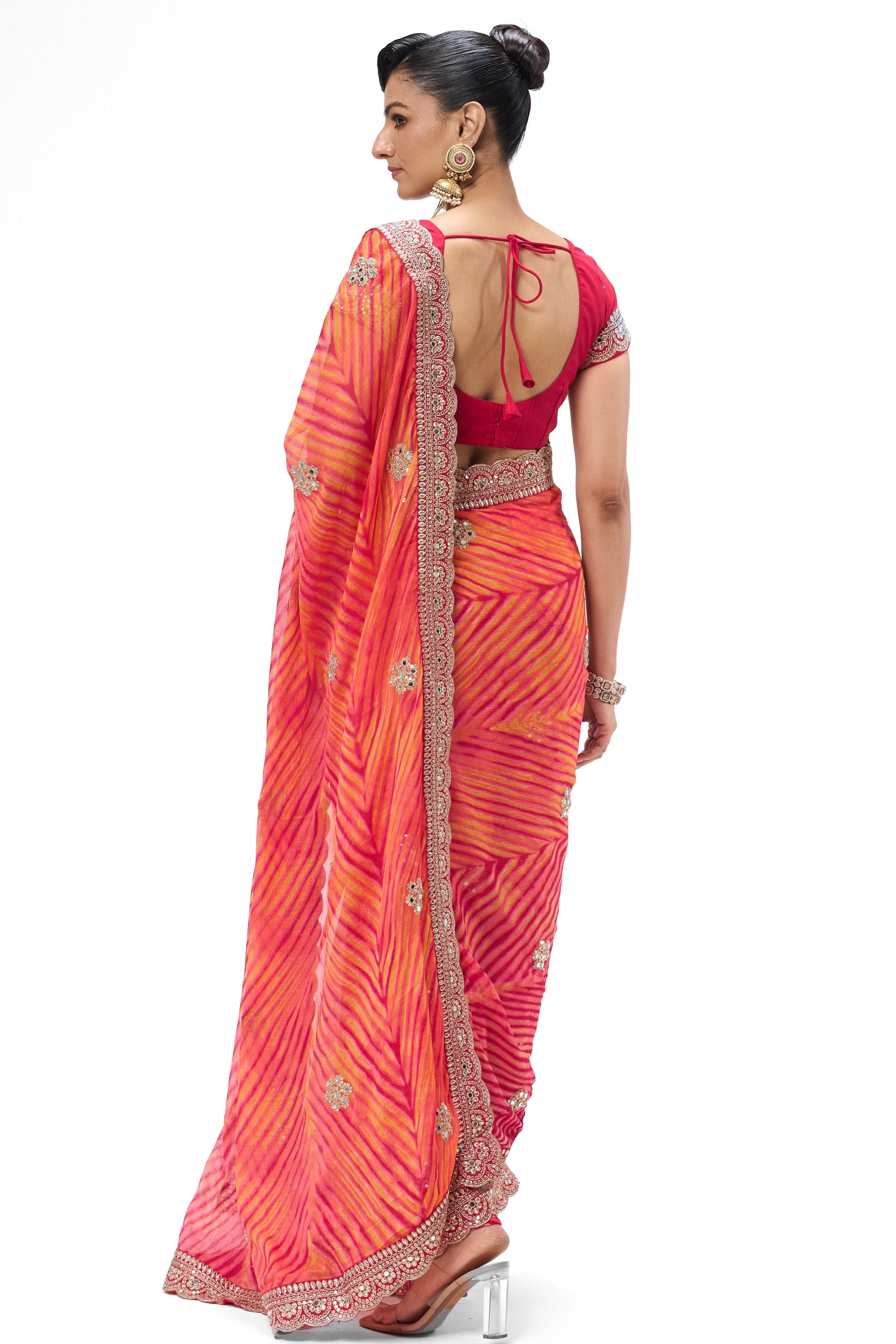 Pink Yellow Leheriya Chiffon Saree with Embroidered Border with Mirrors and Blouse Fabric