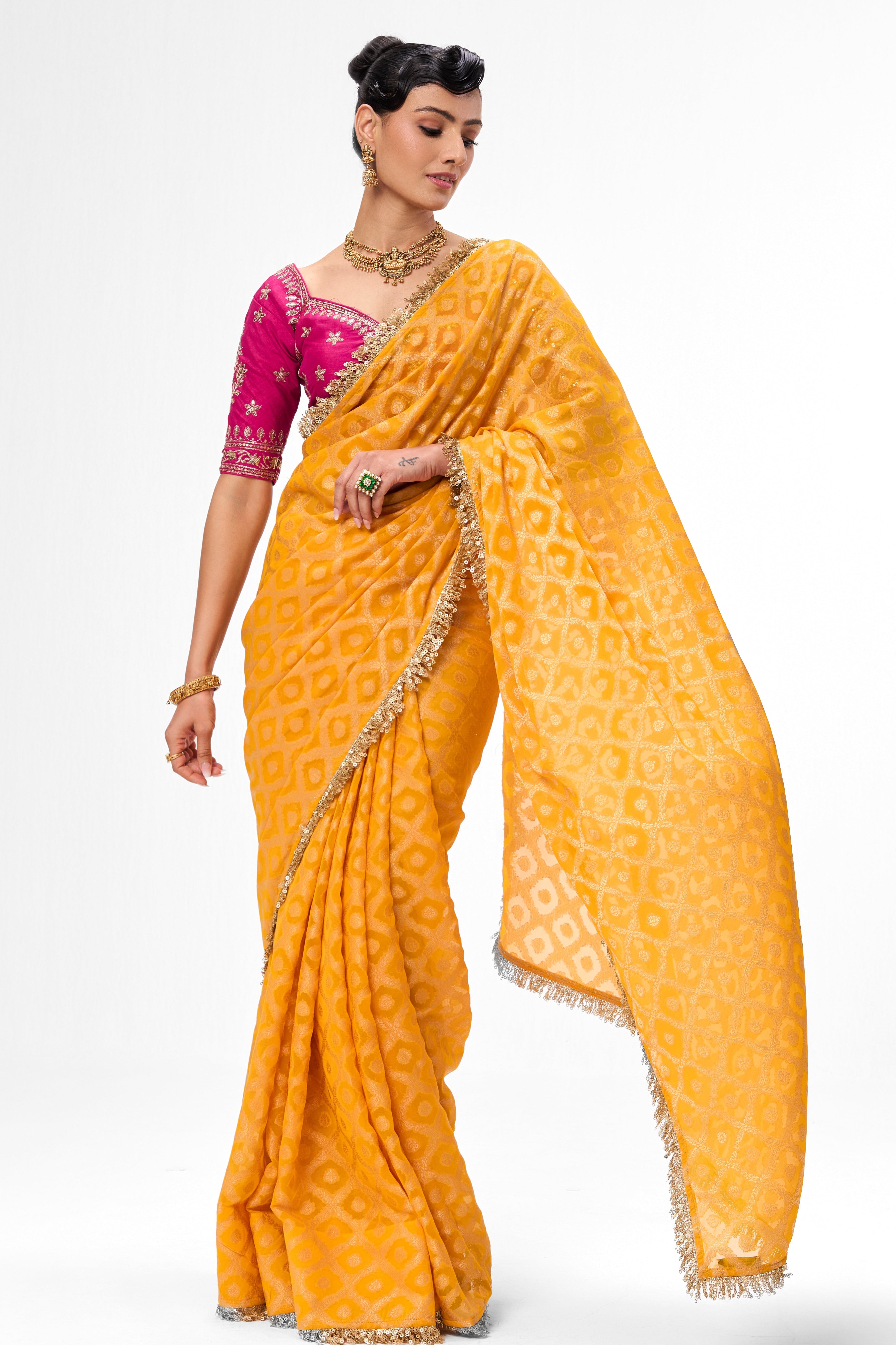 Woven Yellow Georgette Saree with Pink Embroidered Ready-to-Wear Blouse